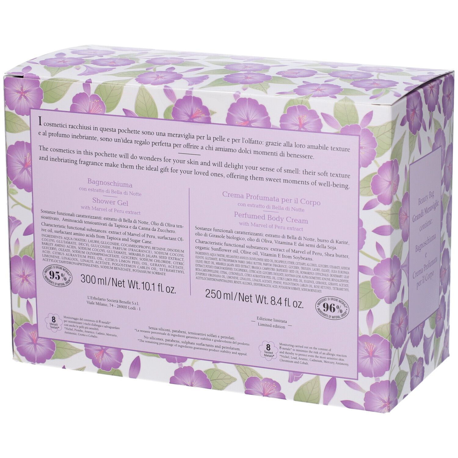 Retro della scatola con motivo floreale. Testo sugli ingredienti e il volume. Contiene bagnoschiuma e crema corpo.