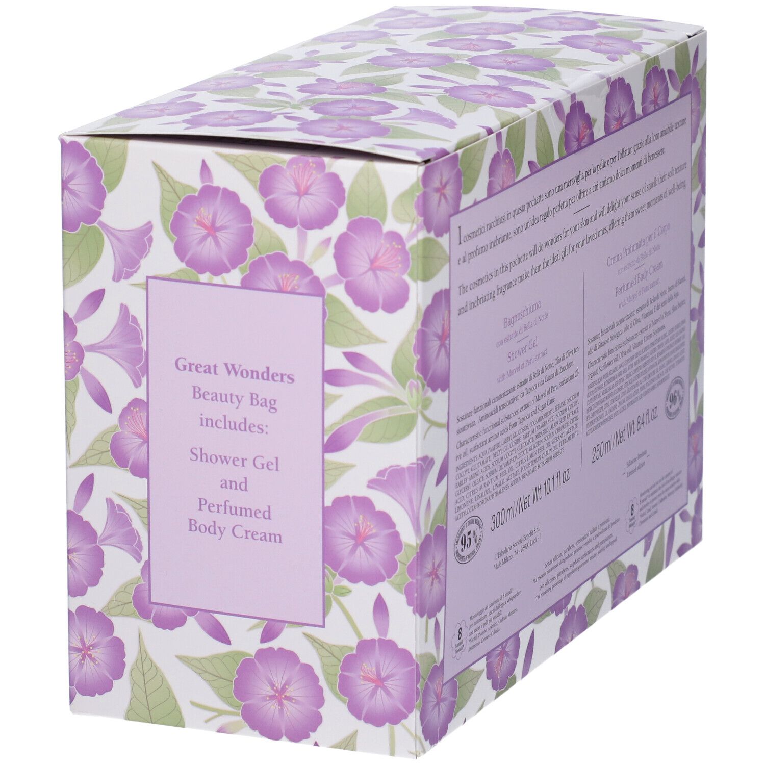 Retro della scatola con motivo floreale. Testo sugli ingredienti e il volume. Contiene bagnoschiuma e crema corpo.