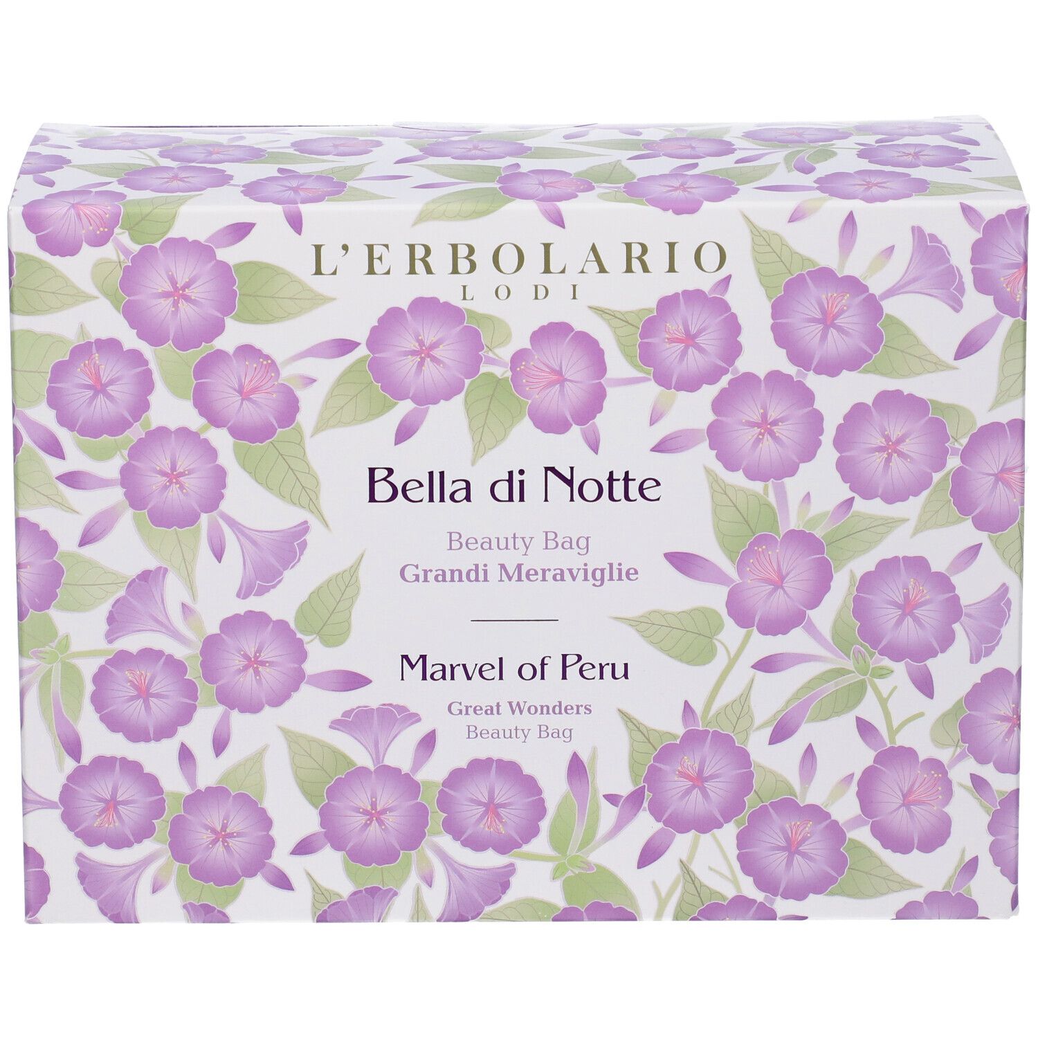 Scatola con motivo floreale e nome del prodotto. Marchio L'Erbolario. Scritte: Bella di Notte, Grandi Meraviglie, Marvel of Peru.