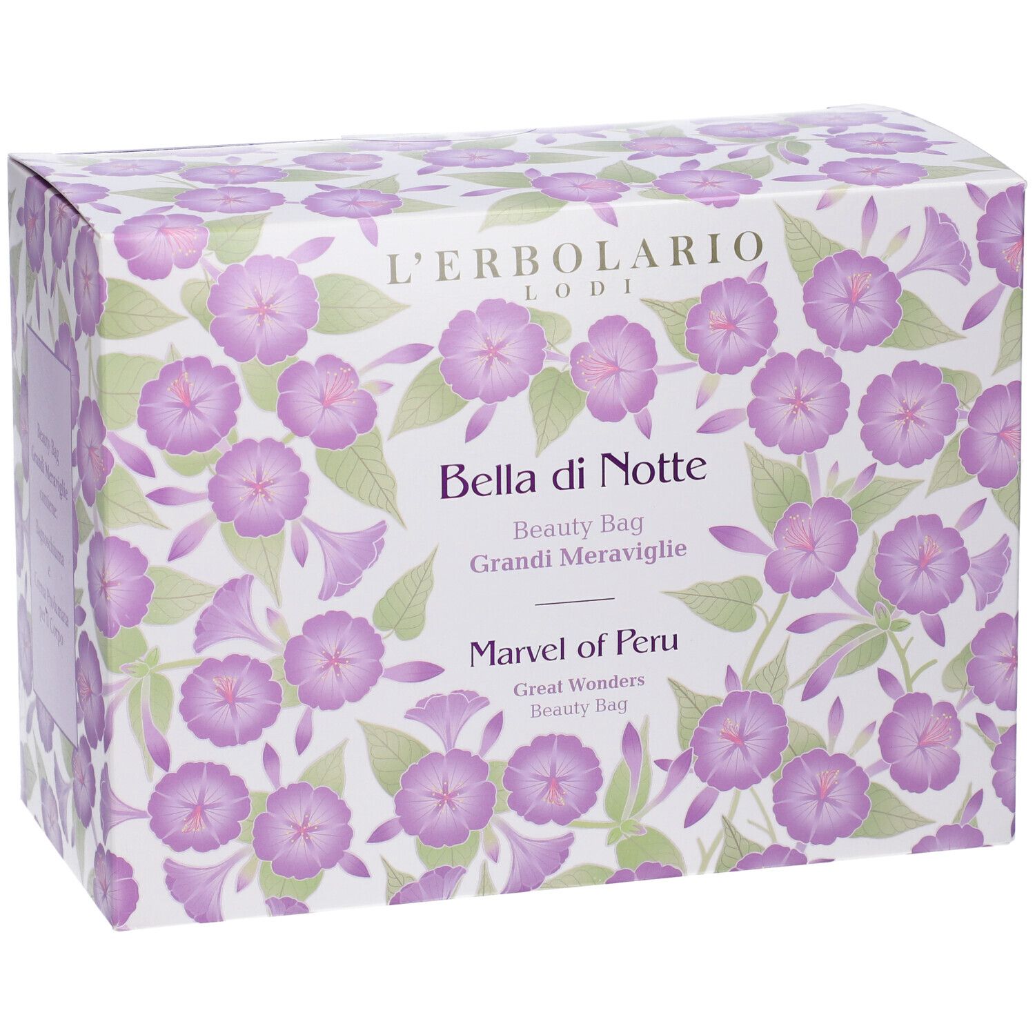 Scatola con motivo floreale e nome del prodotto. Marchio L'Erbolario. Scritte: Bella di Notte, Grandi Meraviglie, Marvel of Peru.