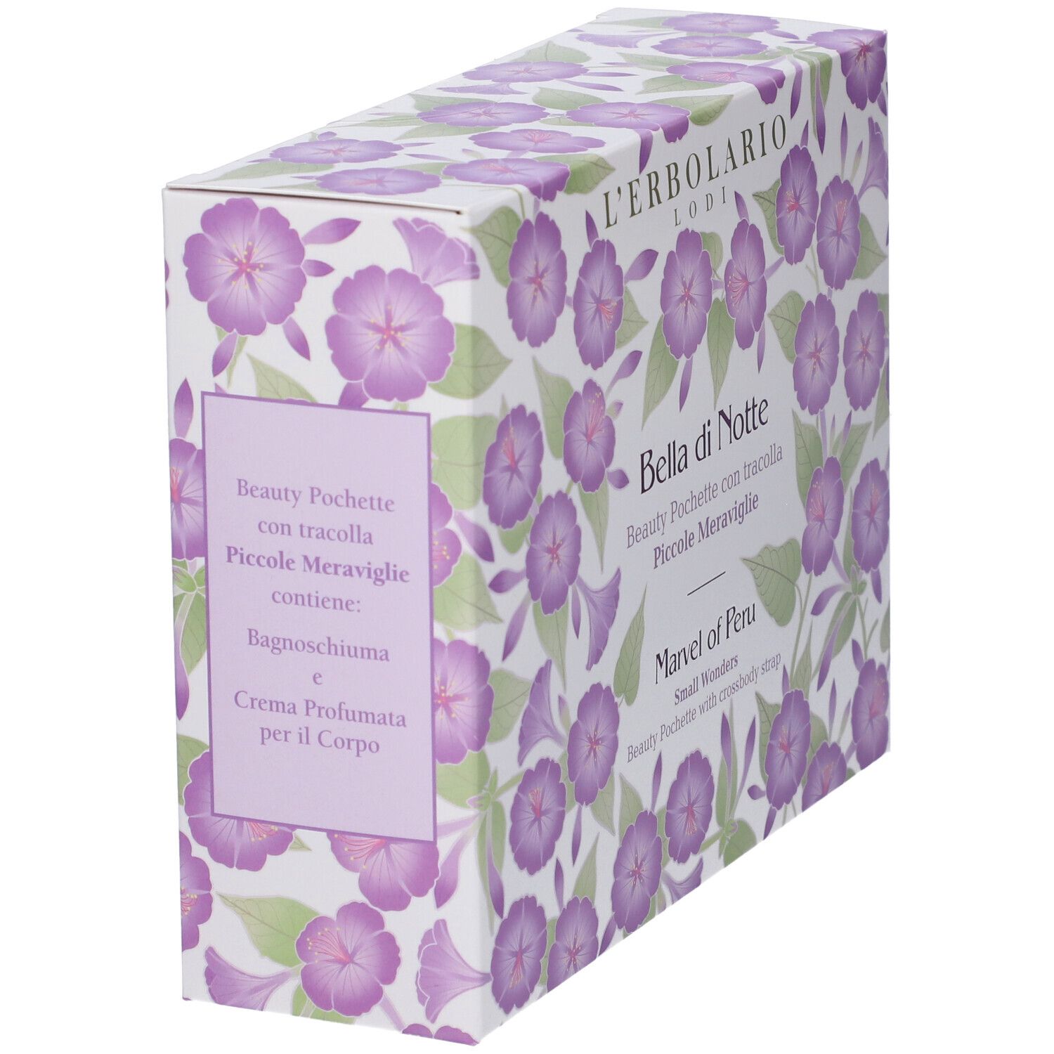 Confezione in cartone angolata con motivo floreale. Testo: Bella di Notte, Marvel of Peru. Pochette beauty con tracolla.