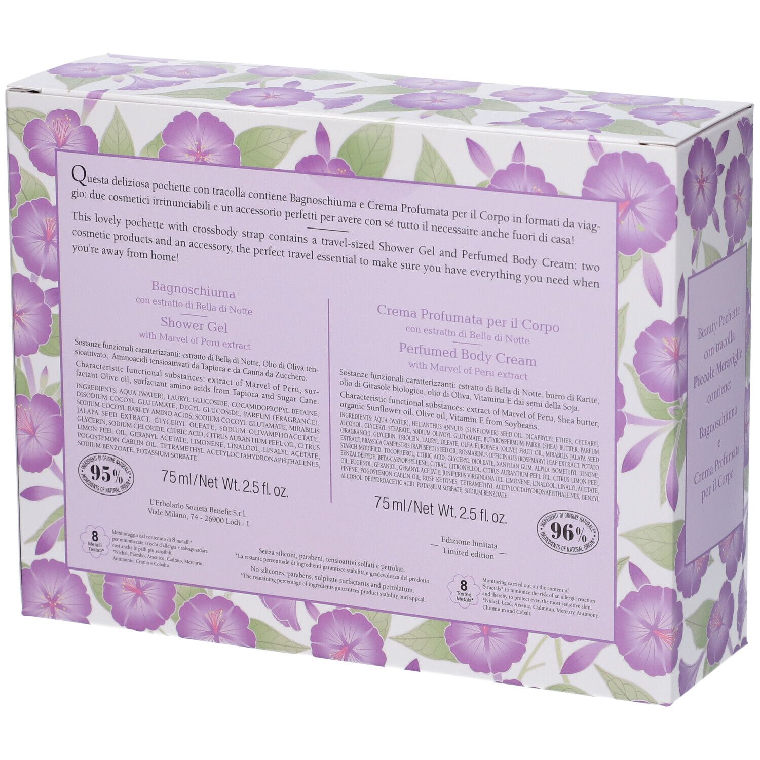 Retro della confezione in cartone. Testo: Ingredienti, 75ml/2.5 fl.oz. Contiene gel doccia e crema corpo. Motivo floreale.