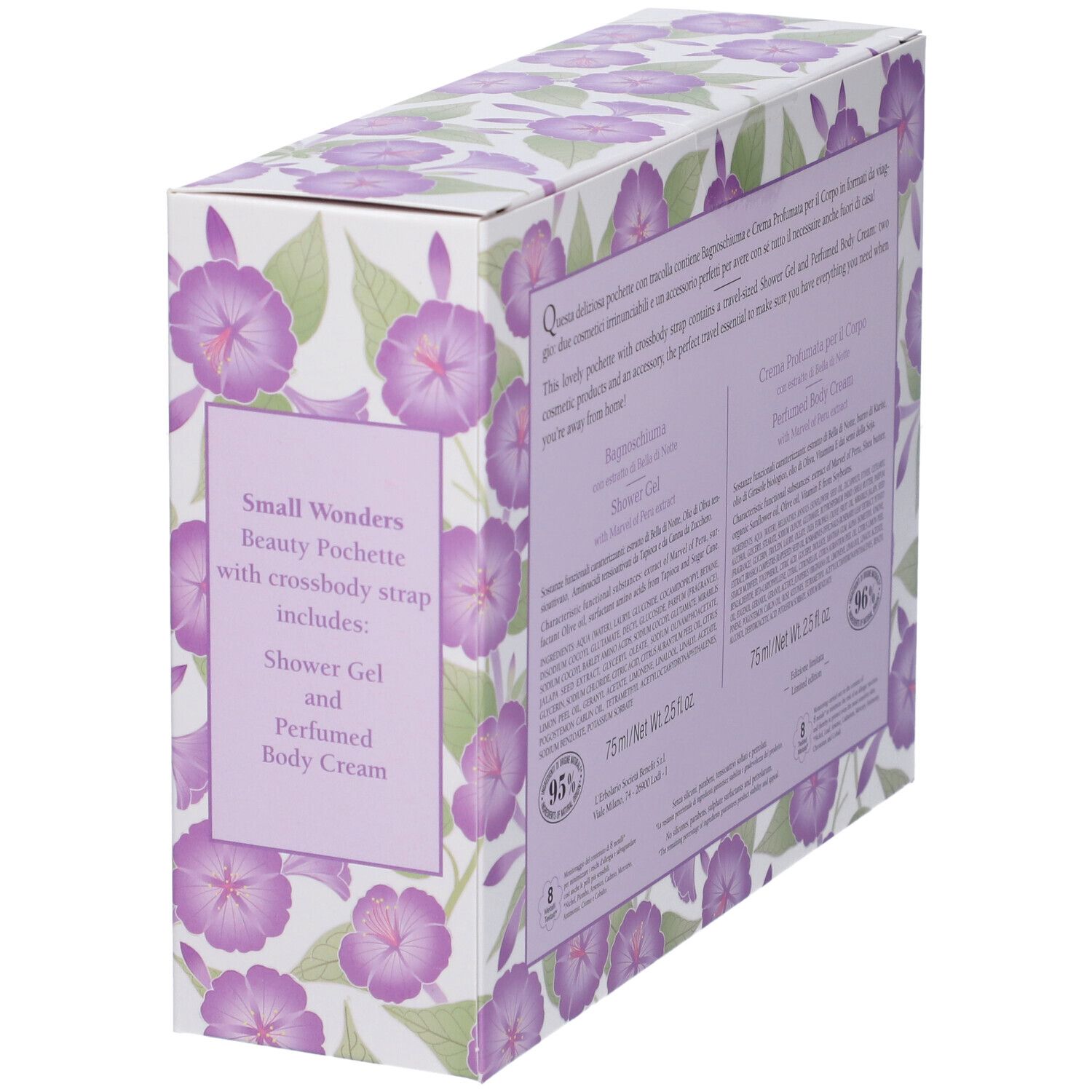 Confezione in cartone angolata. Testo: Gel doccia e crema corpo. 75ml/2.5 fl.oz. Motivo floreale.