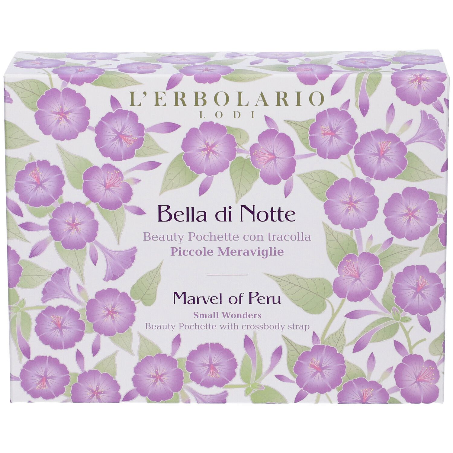 Confezione in cartone con motivo floreale. Testo: Bella di Notte, Marvel of Peru. Pochette beauty con tracolla.