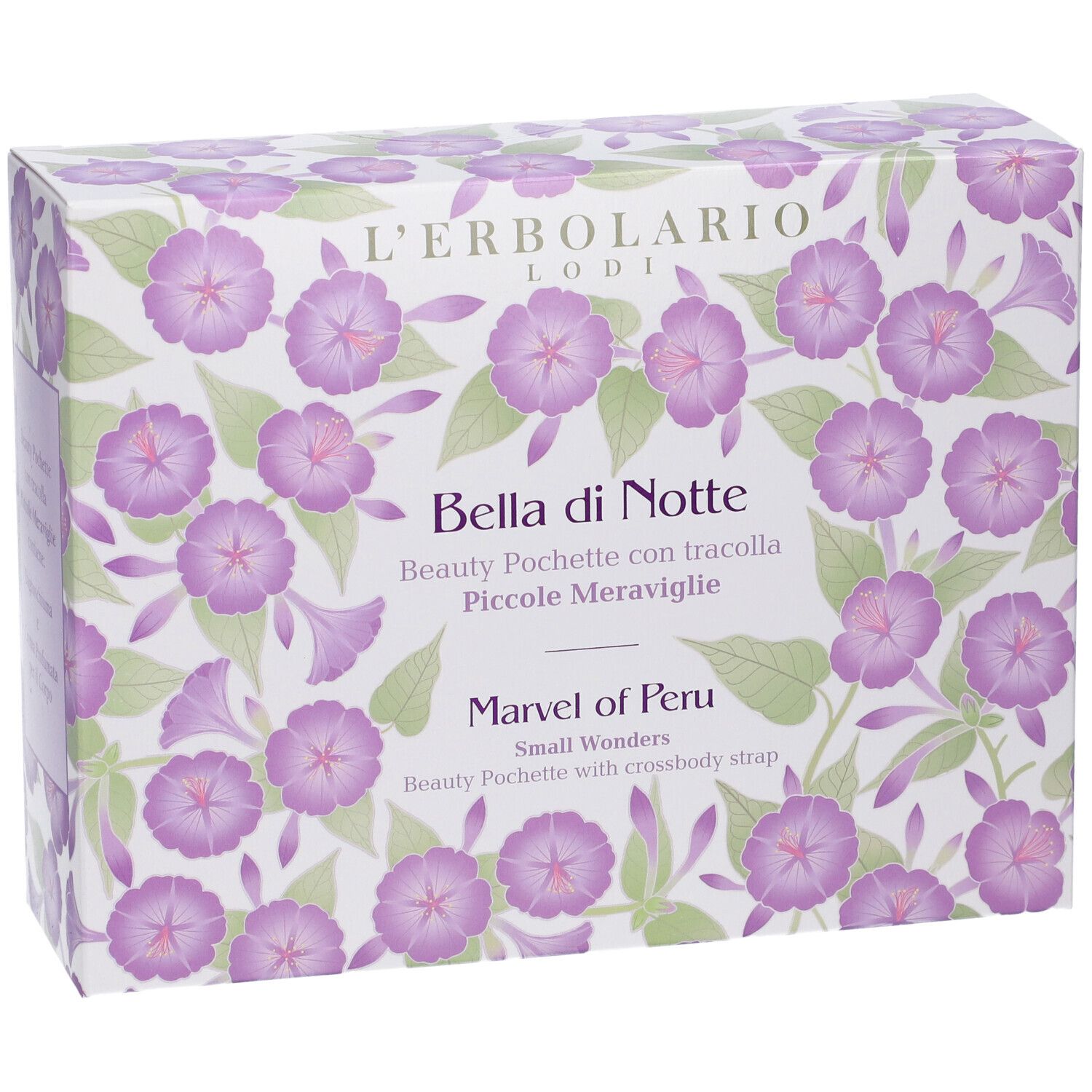 Confezione in cartone con motivo floreale. Testo: Bella di Notte, Marvel of Peru. Pochette beauty con tracolla.