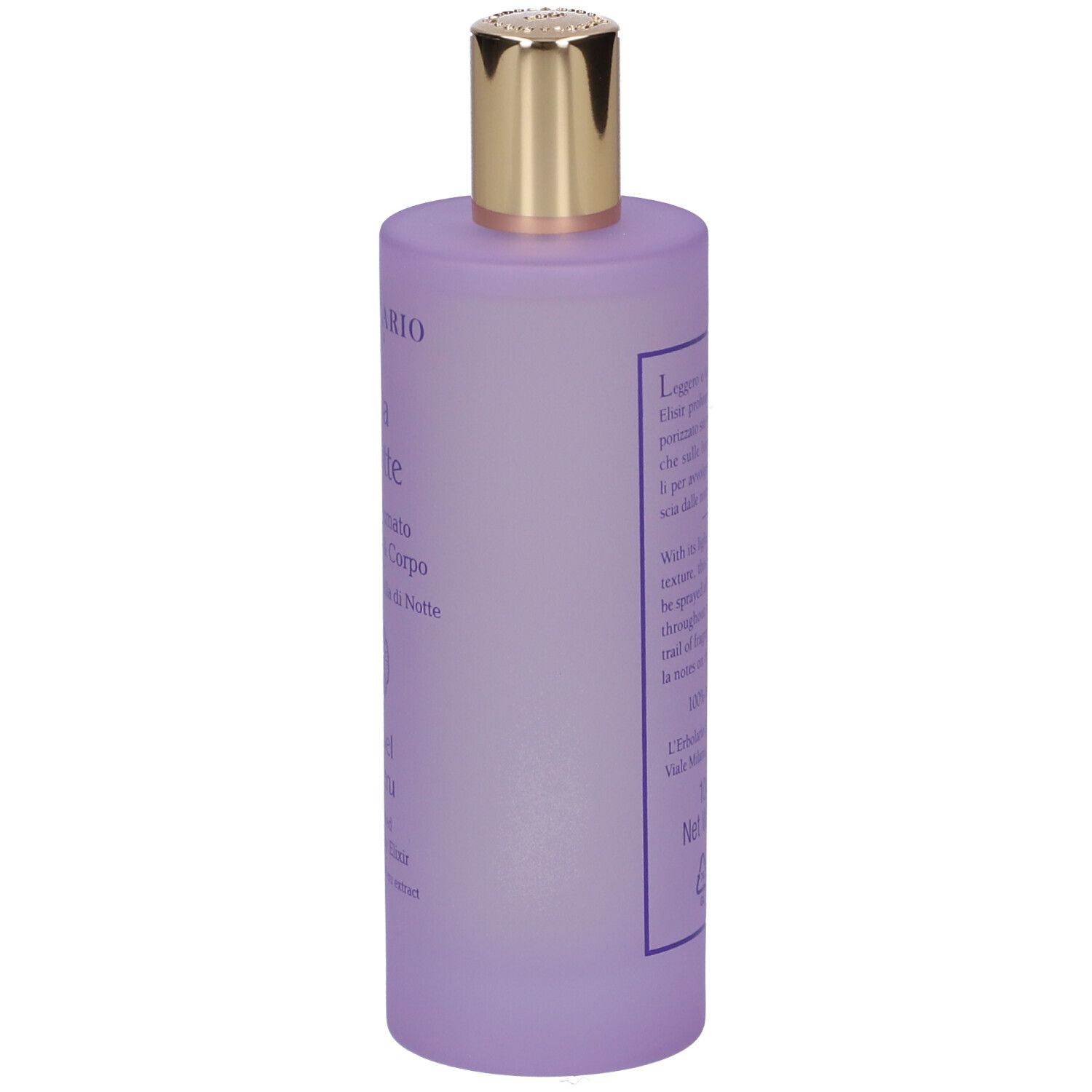 Flacone viola con tappo dorato. Testo in italiano. Vista laterale del flacone.