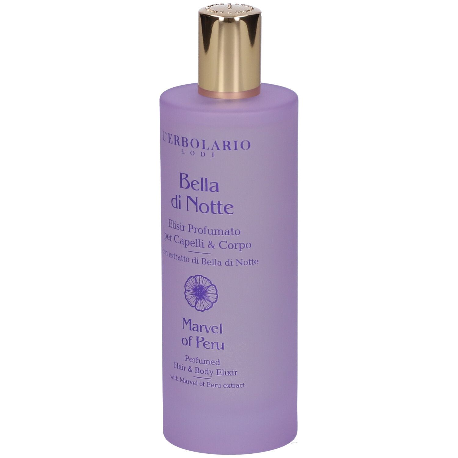 Flacone con tappo dorato. Scritta: L'Erbolario, Bella di Notte, Elixir Profumato per Capelli & Corpo. Flacone viola.