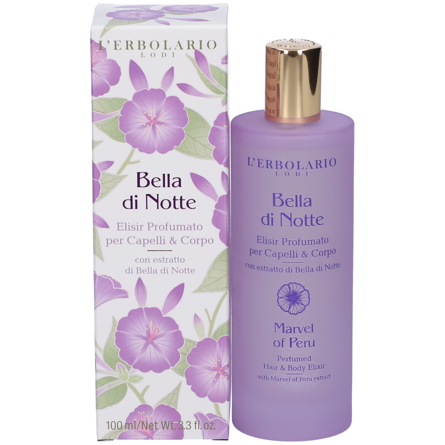 Flacone e confezione del prodotto. Scritta: L'Erbolario, Bella di Notte, Elixir Profumato per Capelli & Corpo. Flacone viola.