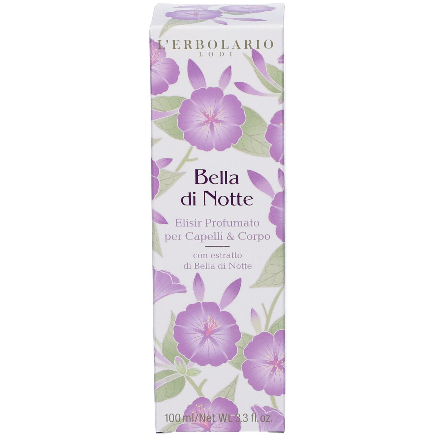 Confezione del prodotto. Scritta: L'Erbolario, Bella di Notte, Elixir Profumato per Capelli & Corpo. Motivo floreale.