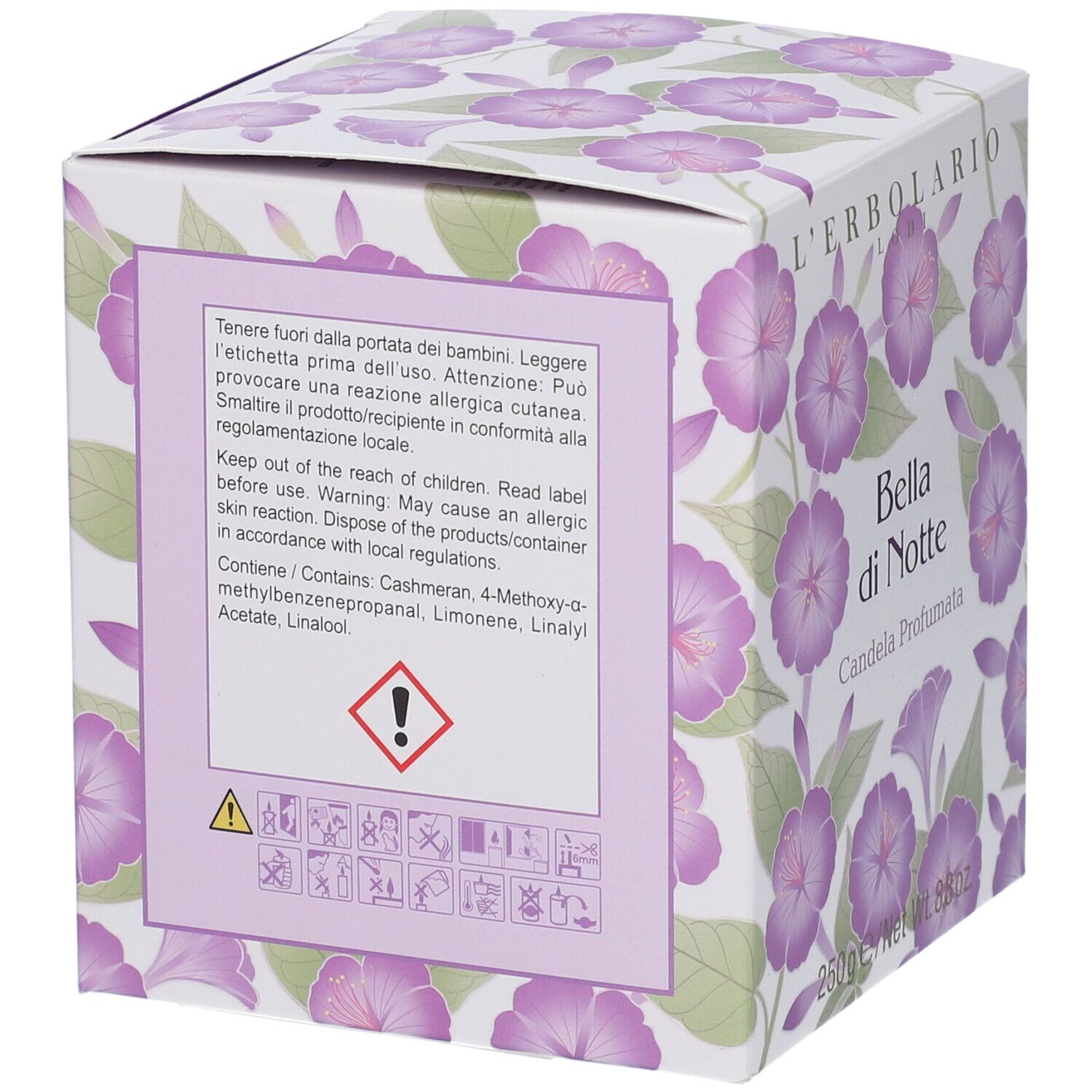 Retro della scatola con avvertenze e ingredienti. Motivo floreale e nome prodotto "Bella di Notte".