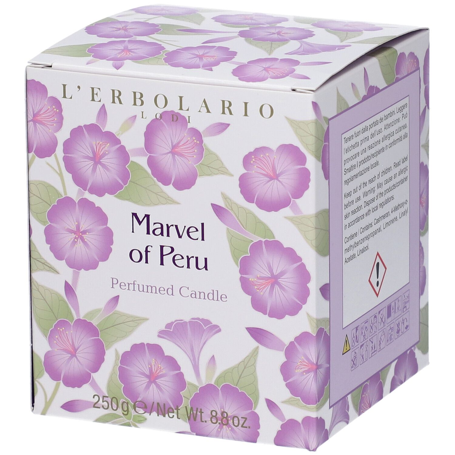 Scatola con motivo floreale e nome prodotto "Marvel of Peru Perfumed Candle". Marchio L'Erbolario.