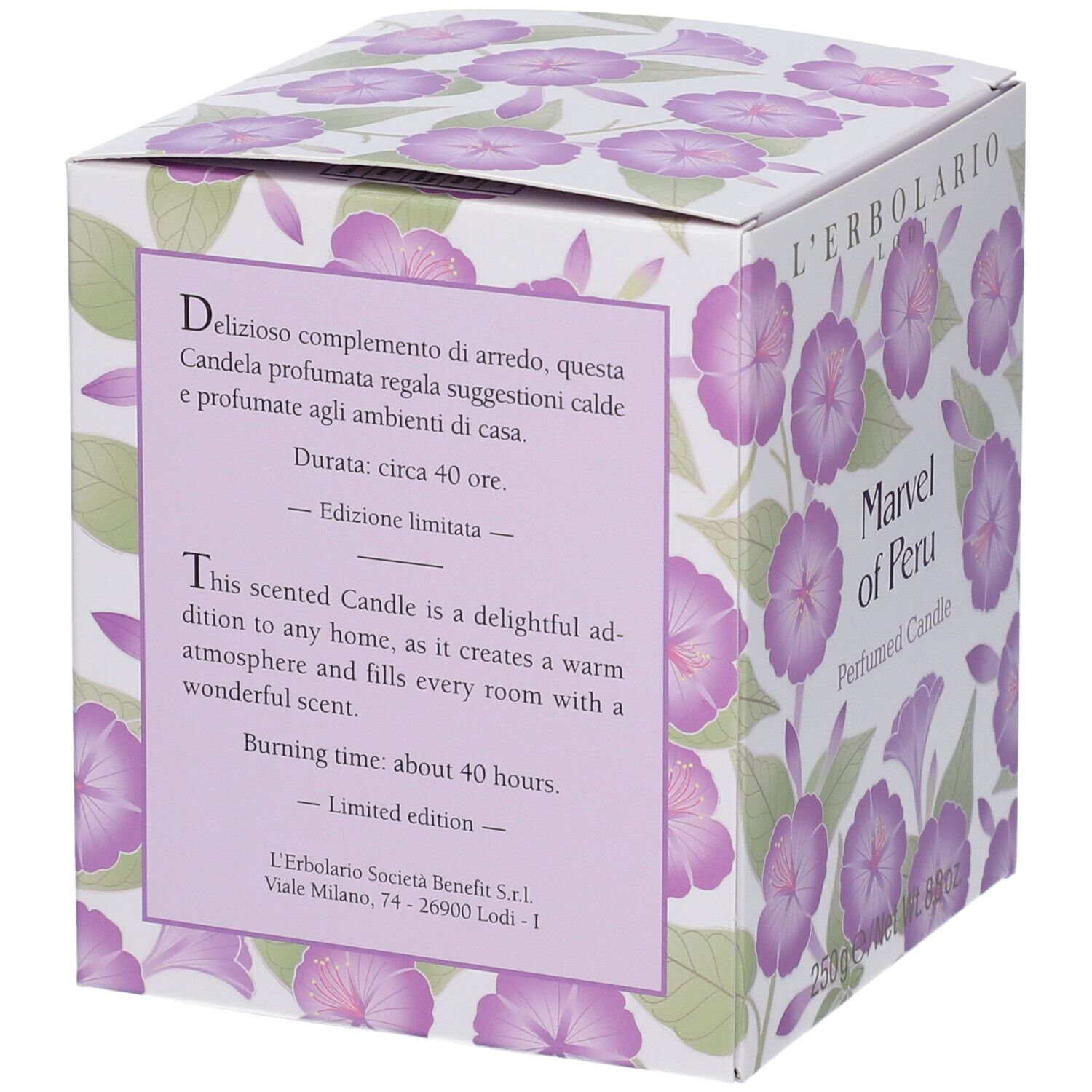 Scatola con testo, motivo floreale e nome prodotto "Marvel of Peru Perfumed Candle". Marchio L'Erbolario.