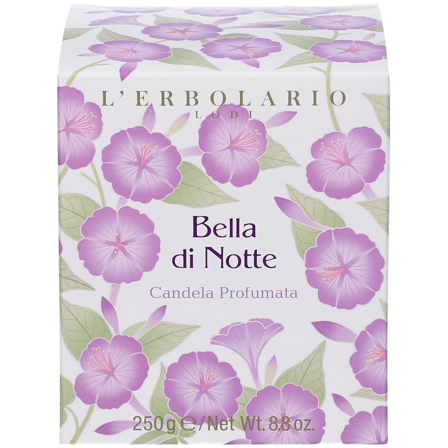 Vista dall'alto di una scatola quadrata con motivo floreale e nome prodotto "Bella di Notte Candela Profumata".