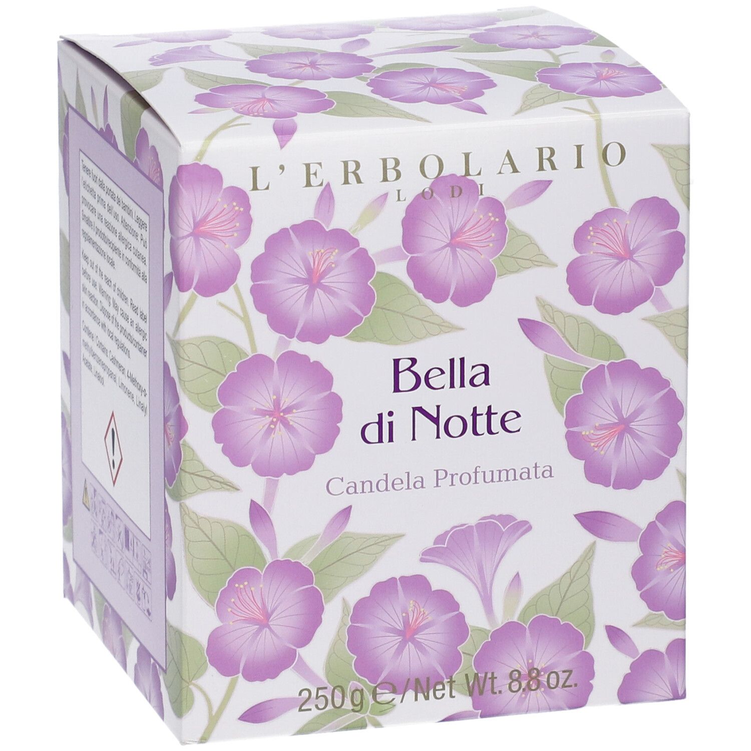 Scatola con motivo floreale e nome prodotto "Bella di Notte Candela Profumata". Marchio L'Erbolario.