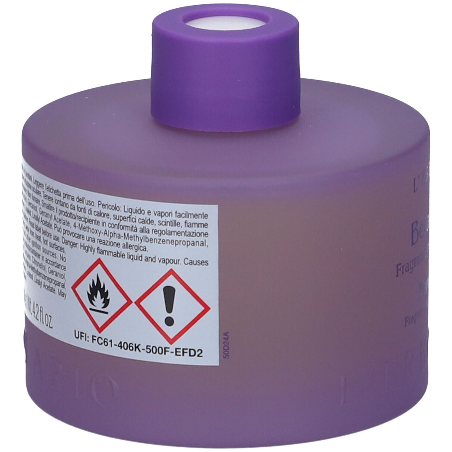 Contenitore viola con tappo viola. Etichetta con simboli di avvertimento e testo. Avvertenze di pericolo.