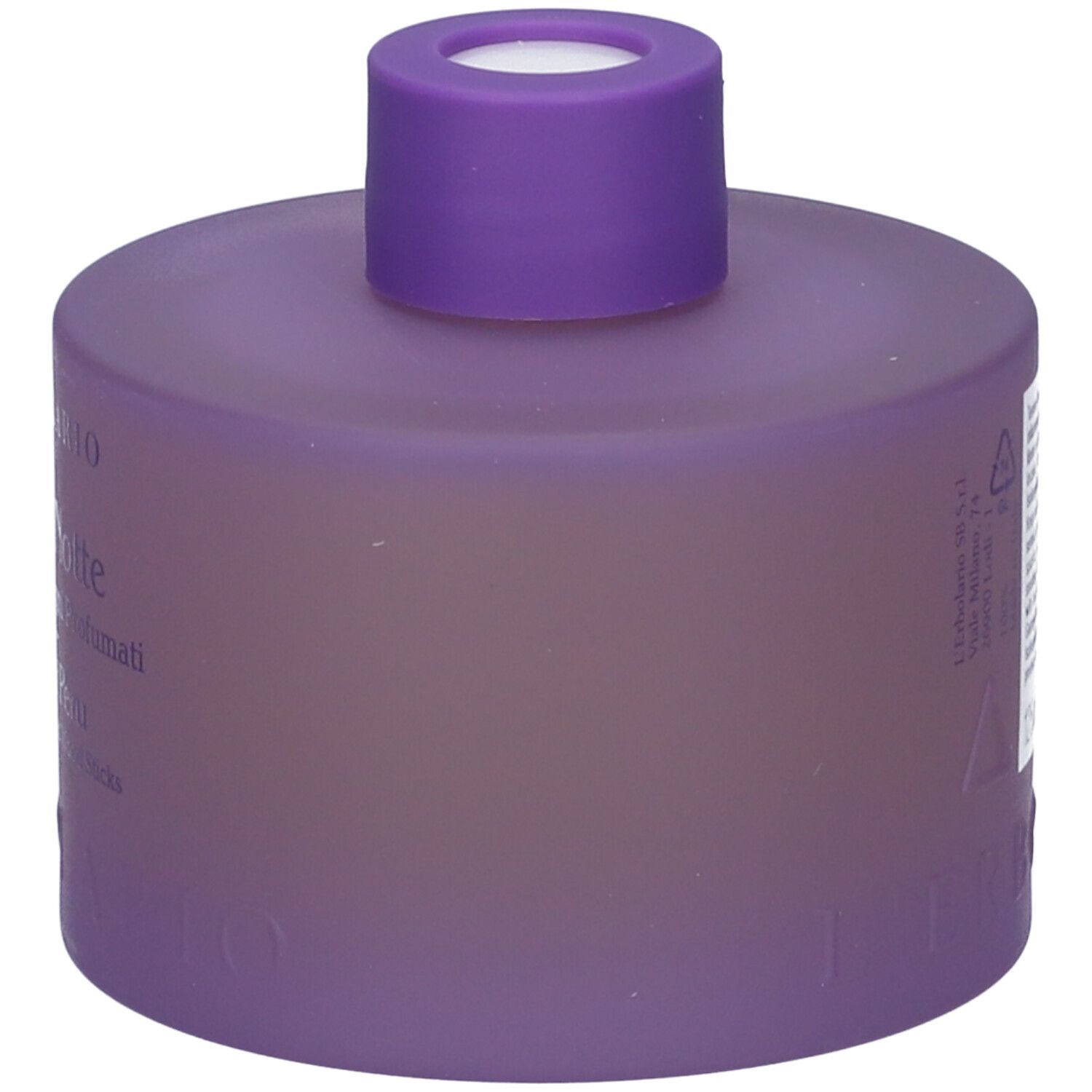 Contenitore viola con tappo viola. Vista posteriore. Testo illeggibile.