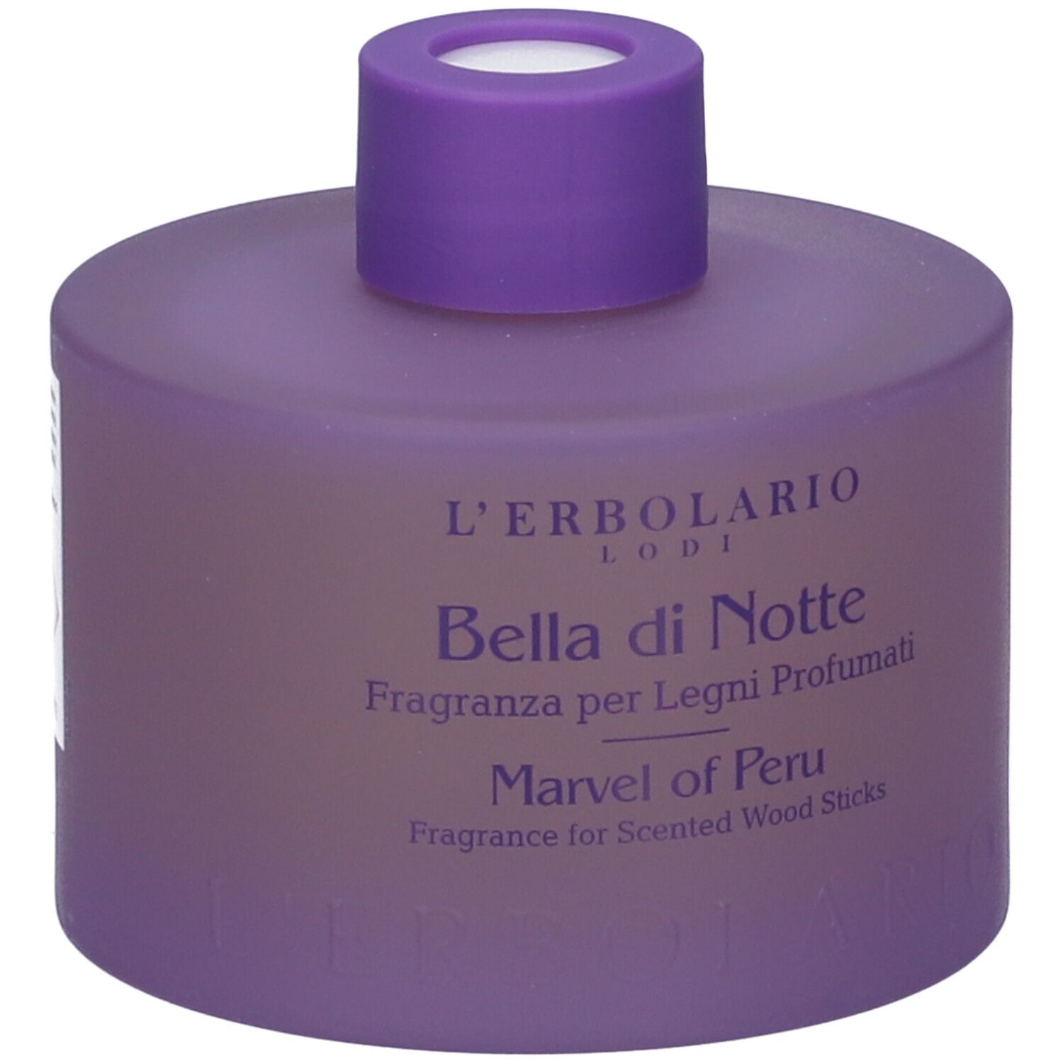 Contenitore viola con tappo viola. Testo: L'Erbolario, Bella di Notte, Fragranza per Legni Profumati, Marvel of Peru.