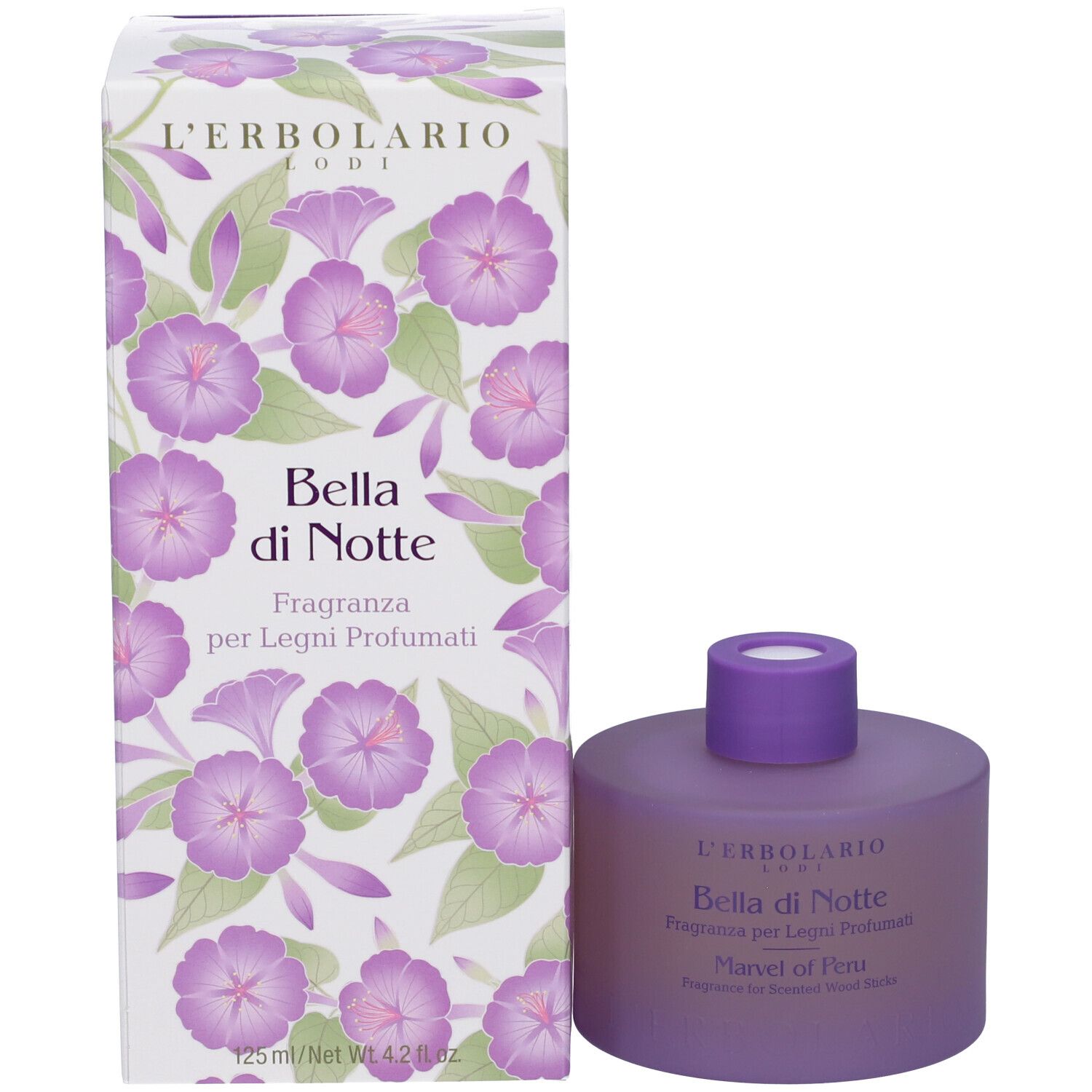 Contenitore viola con tappo viola e confezione. Testo: L'Erbolario, Bella di Notte, Fragranza per Legni Profumati, Marvel of Peru.