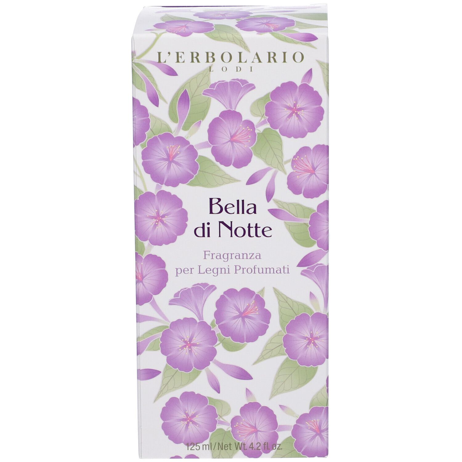 Confezione con motivo floreale e testo: L'Erbolario, Bella di Notte, Fragranza per Legni Profumati.