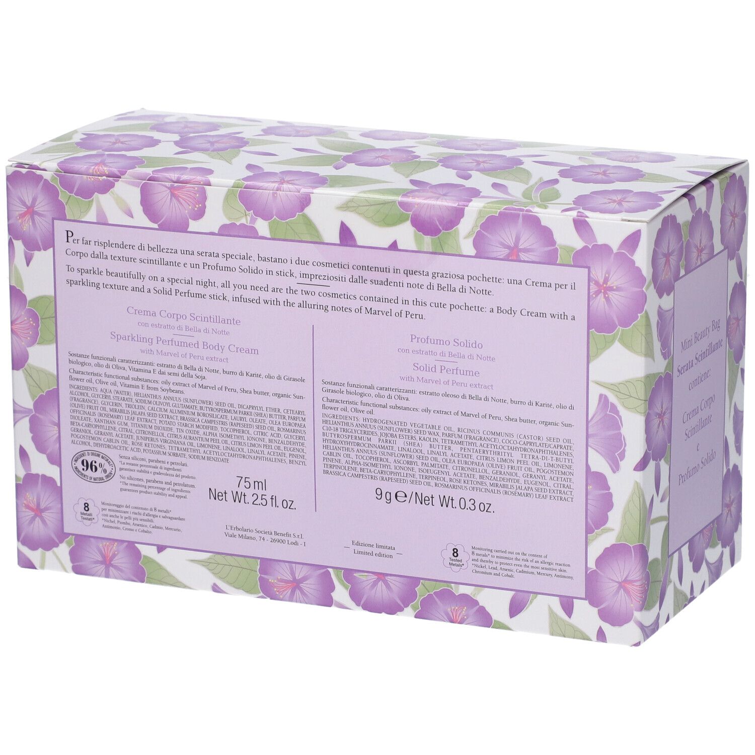 Retro della confezione. Ingredienti e informazioni. Crema 75ml, profumo 9g.