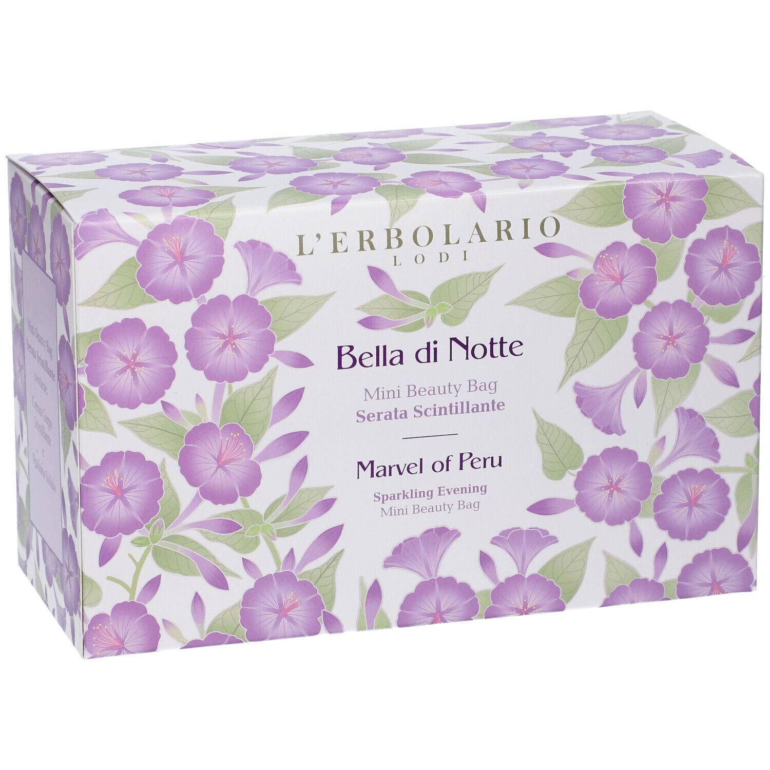 Confezione L'Erbolario Lodi, Bella di Notte, Mini Beauty Bag. Motivo floreale.