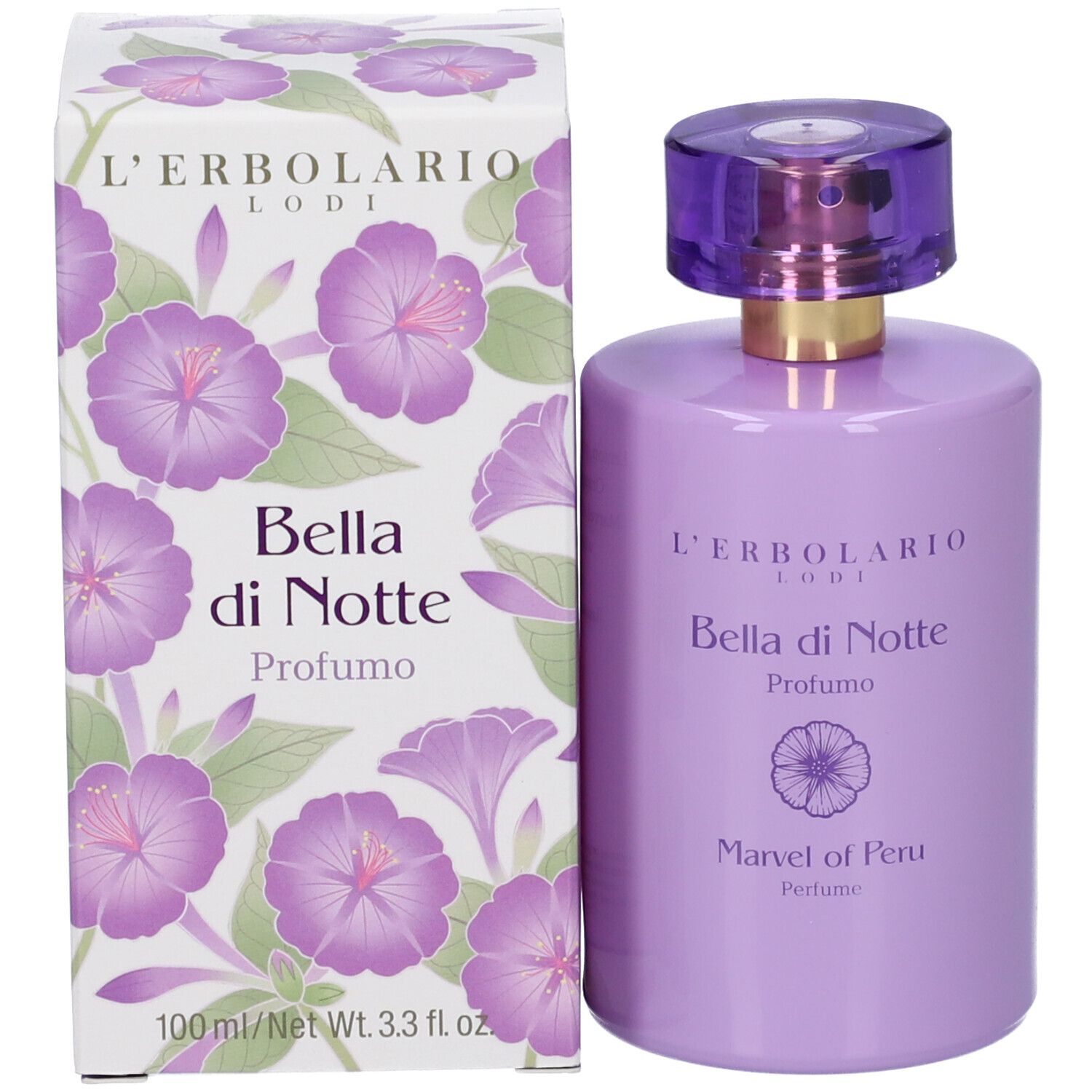 Flacone e scatola lilla. Scritta: Bella di Notte, Profumo. Marchio: L'Erbolario. Motivo floreale.