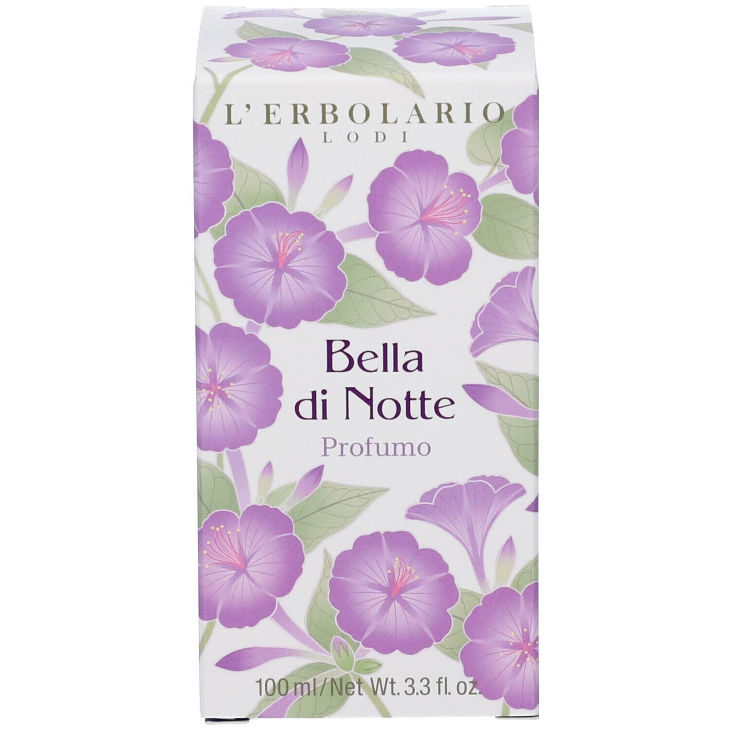 Scatola bianca con motivo floreale. Scritta: Bella di Notte, Profumo. Marchio: L'Erbolario.