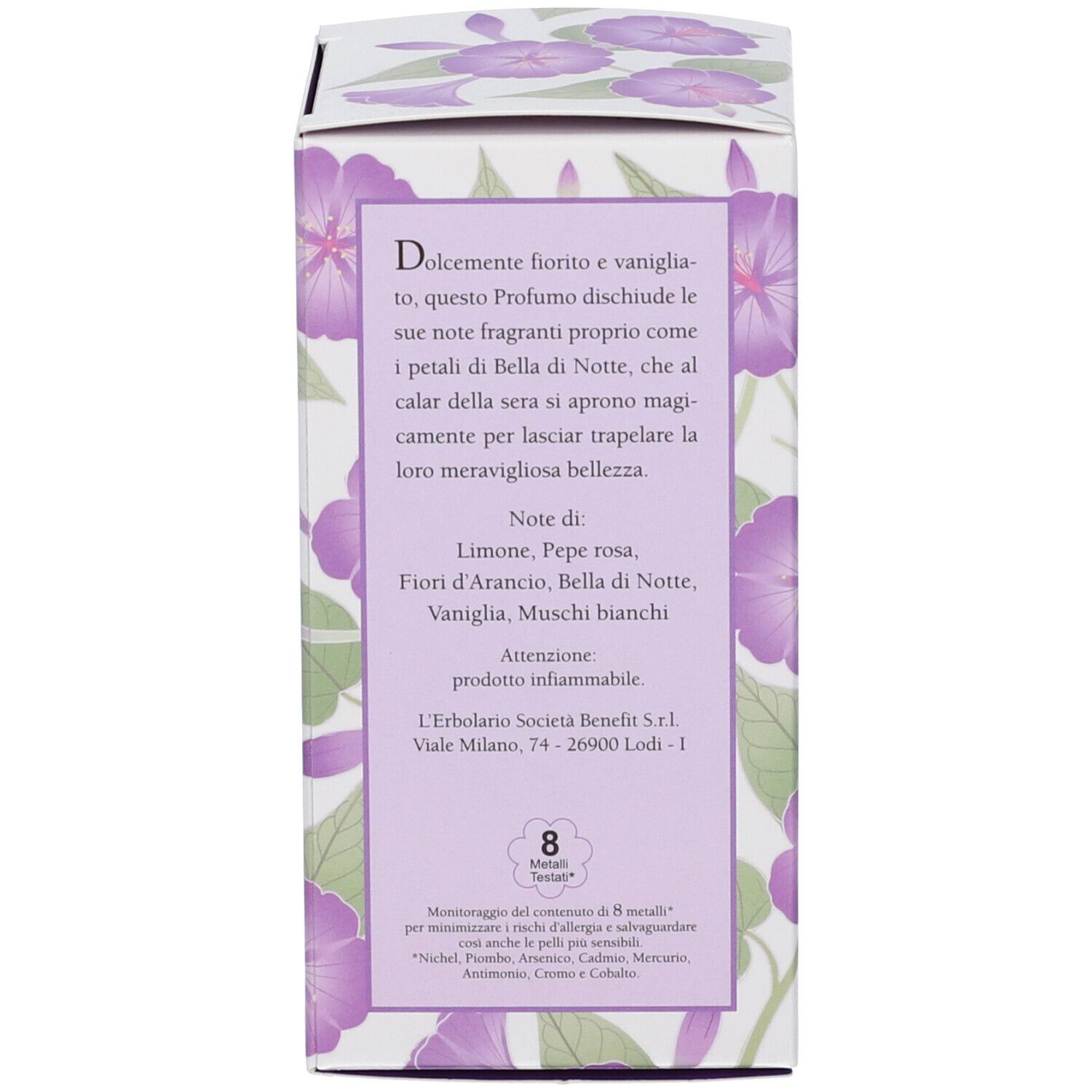 Retro della scatola. Testo sulle note e ingredienti. Marchio: L'Erbolario. 8 Metal Test.