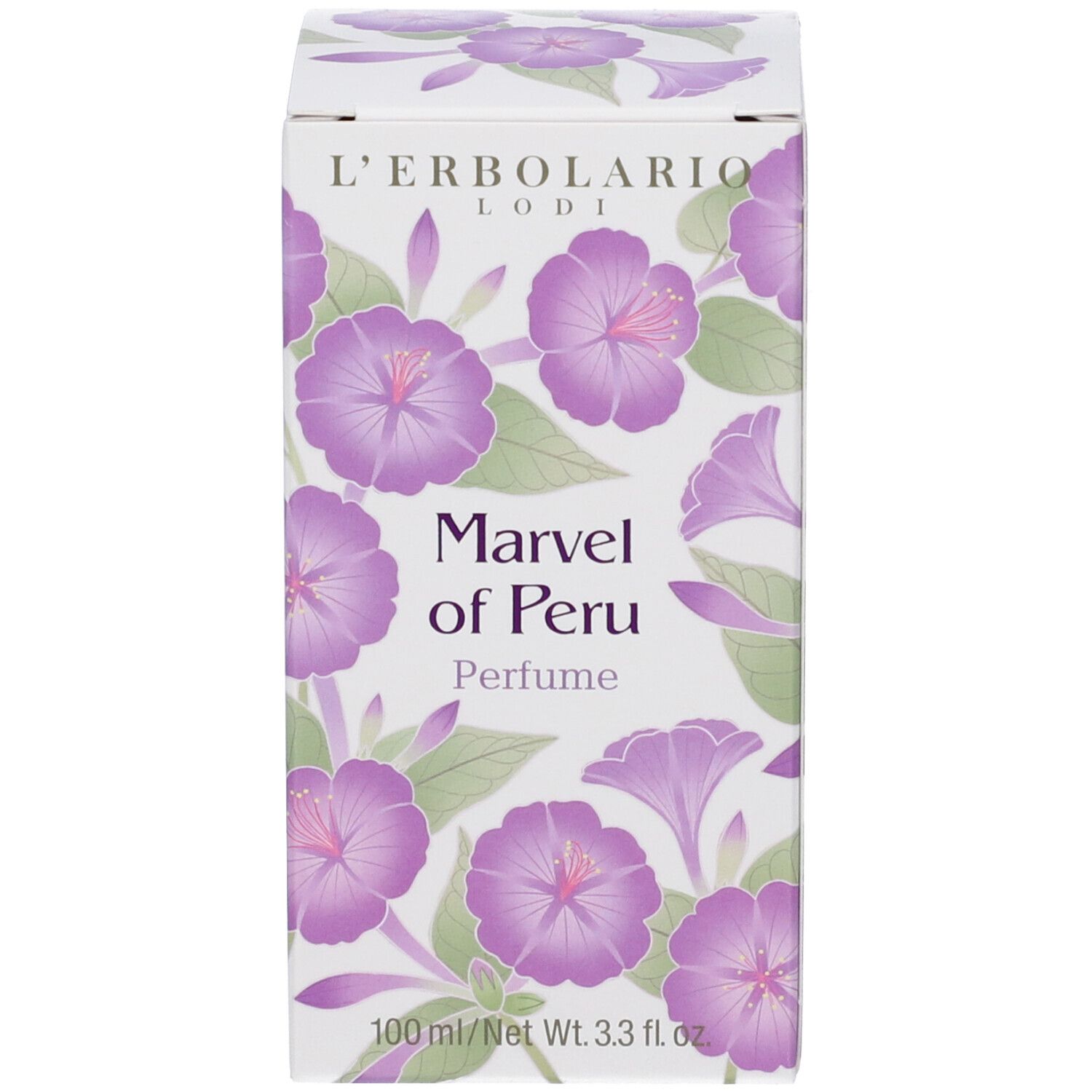 Scatola con motivo floreale. Scritta: Marvel of Peru, Perfume. Marchio: L'Erbolario.