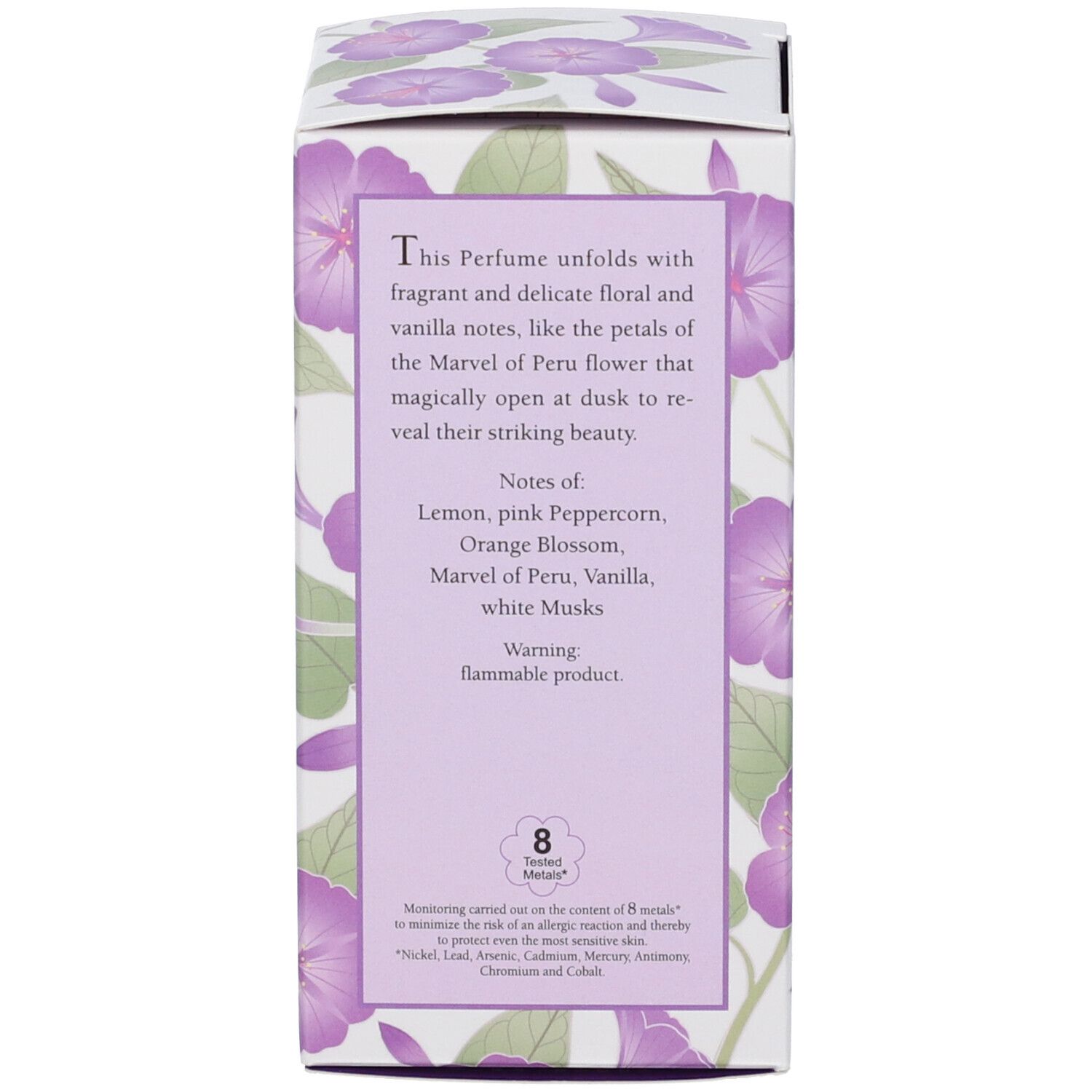 Retro della scatola. Testo sulle note e ingredienti. 8 Metal Test.