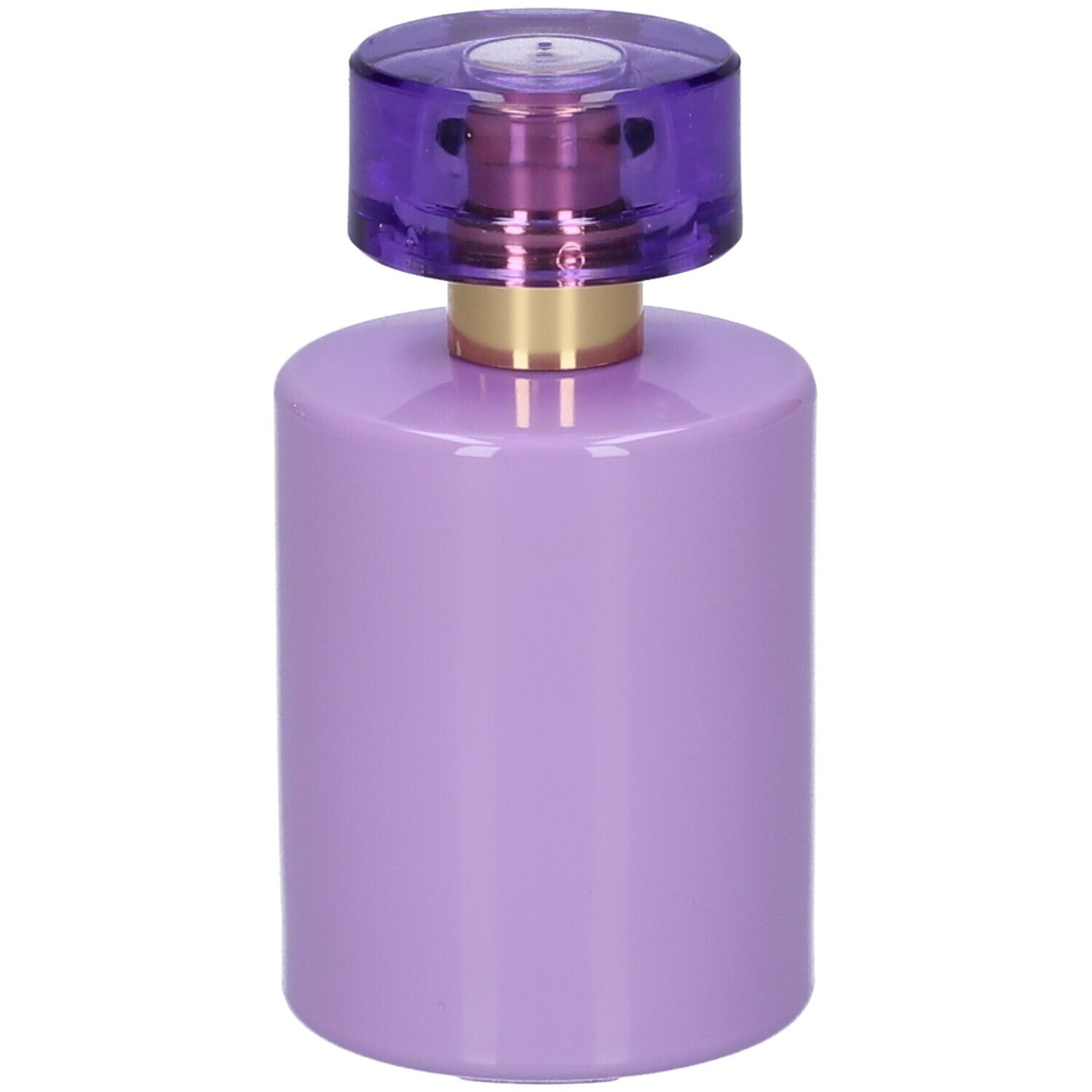Flacone di profumo lilla con tappo viola. Collo dorato. Nessuna scritta visibile.