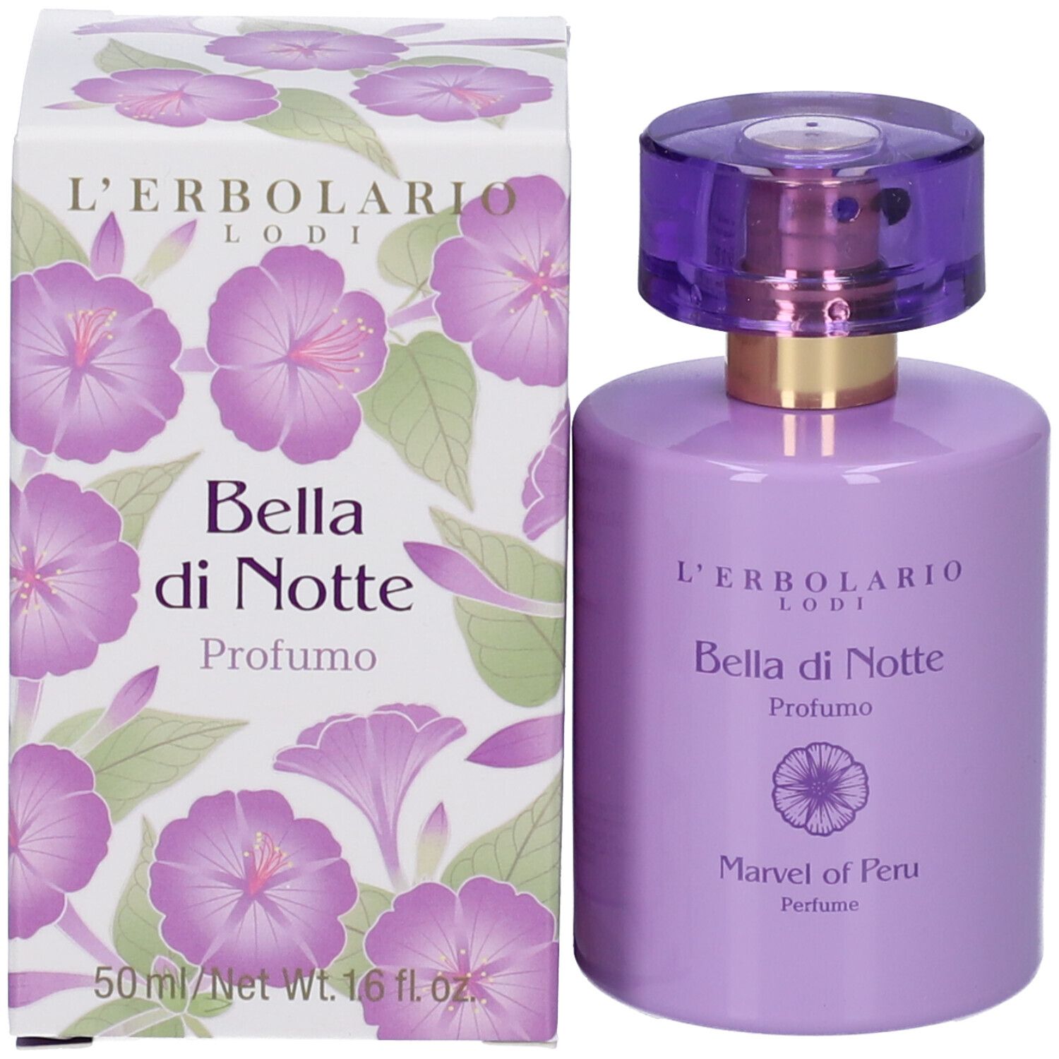 Flacone di profumo e confezione. Flacone: lilla, tappo viola. Confezione: bianca con fiori. Scritta: Bella di Notte, Profumo.