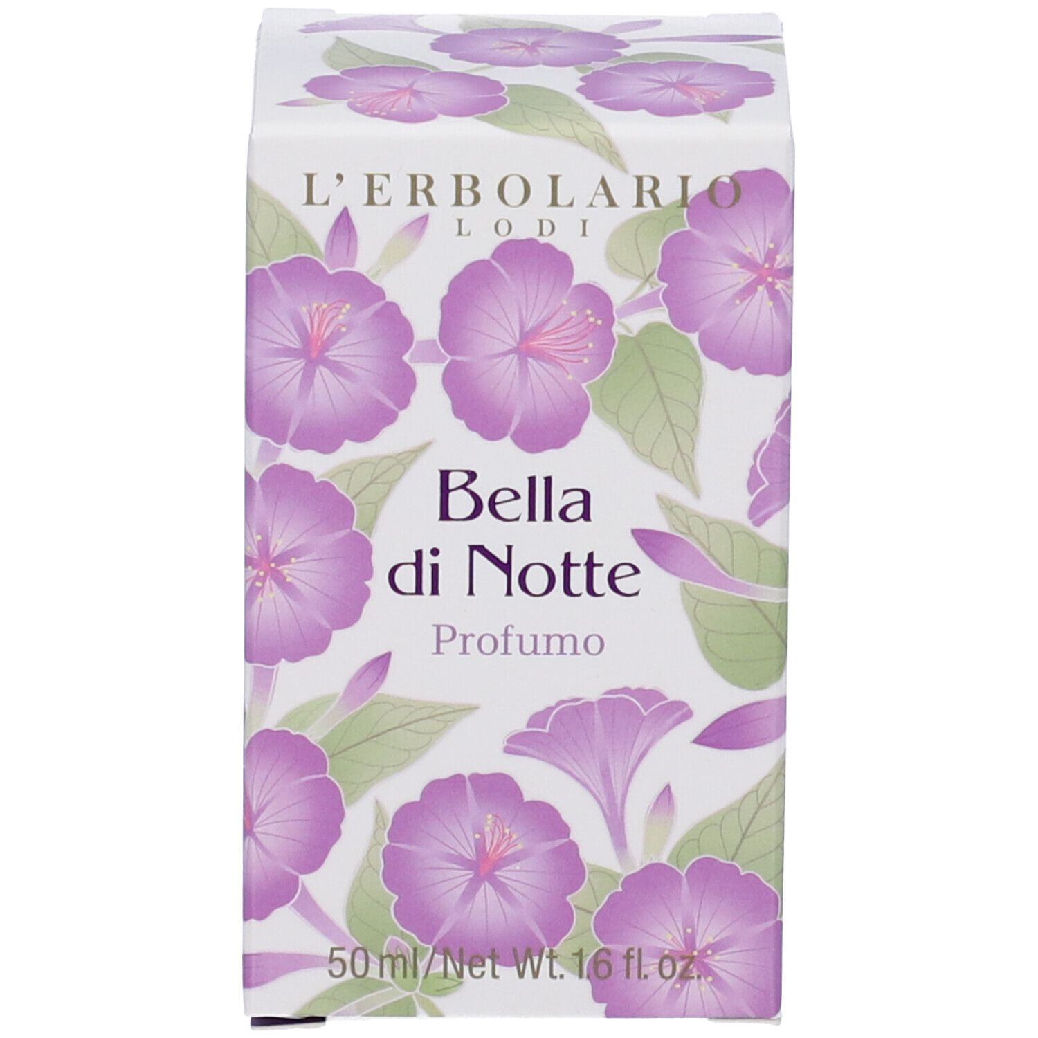Confezione bianca con motivo floreale lilla. Scritta: Bella di Notte, Profumo. Marchio: L'Erbolario.
