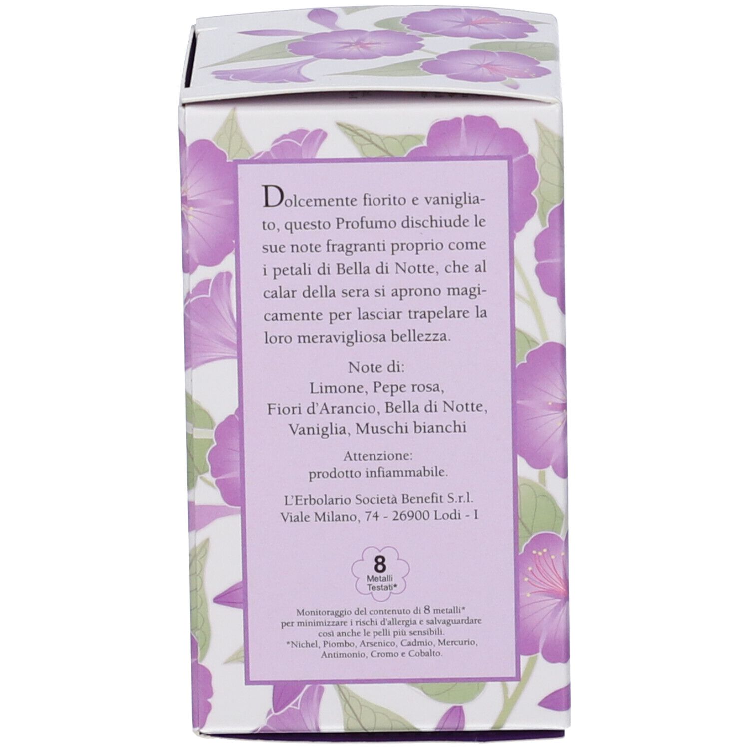 Retro della confezione. Testo in italiano. Motivo floreale. Marchio: L'Erbolario.