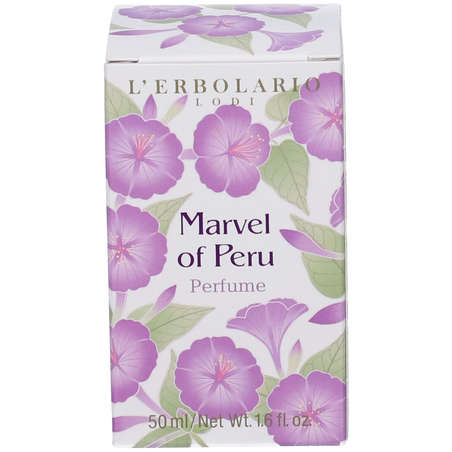Confezione con motivo floreale. Scritta: Marvel of Peru, Perfume. Marchio: L'Erbolario.