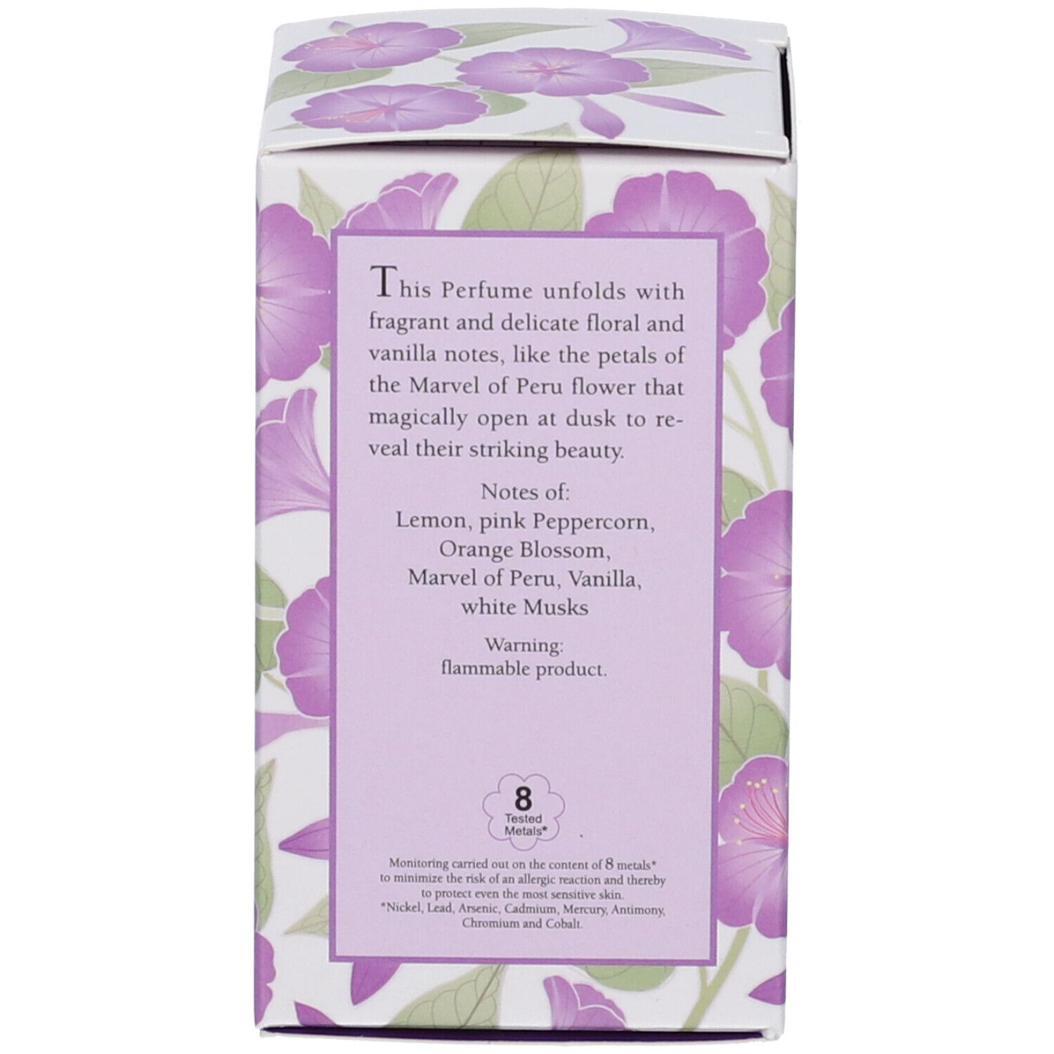 Retro della confezione. Testo in inglese. Motivo floreale. Marchio: L'Erbolario.