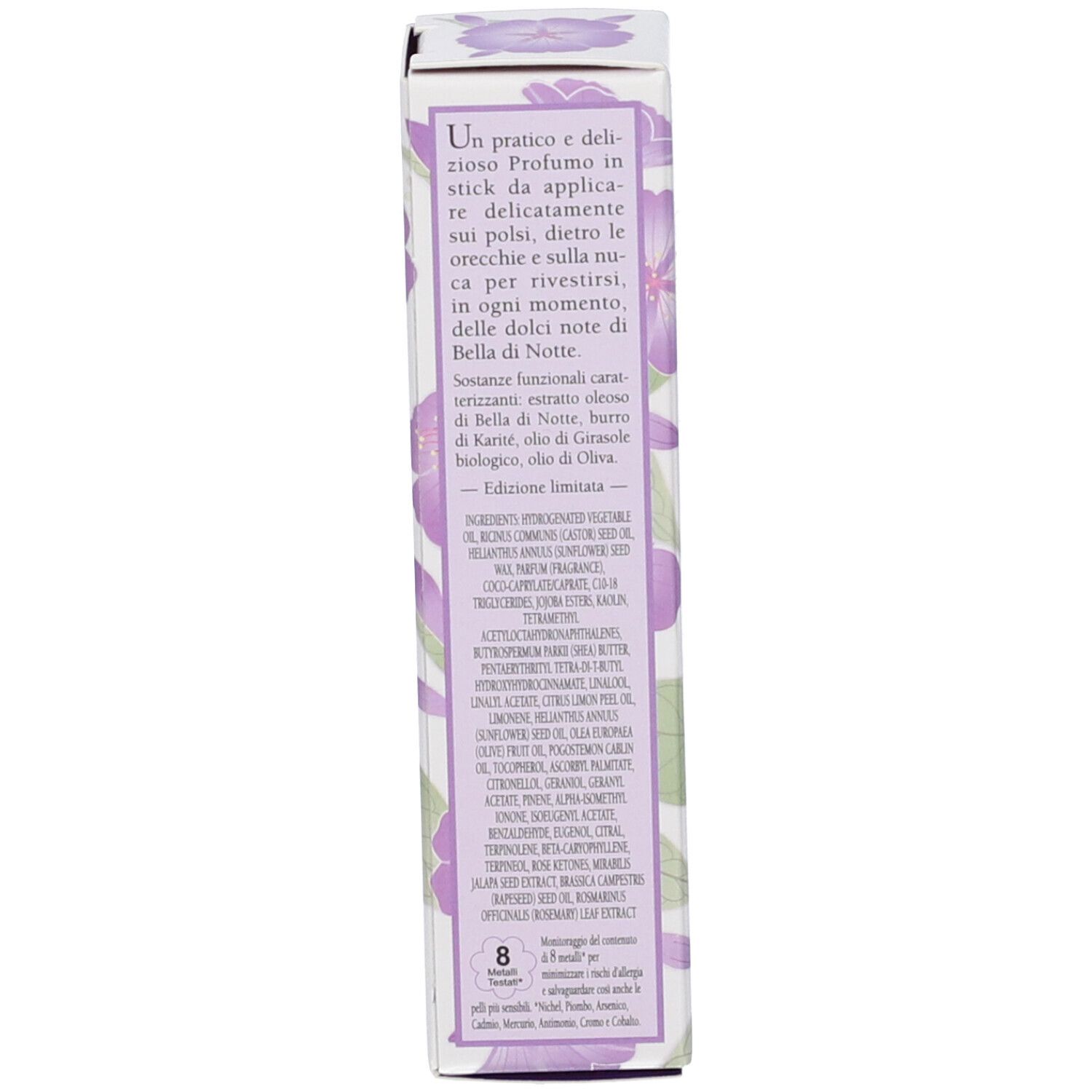 Retro della confezione con testo. Nome prodotto Bella di Notte, ingredienti, informazioni.