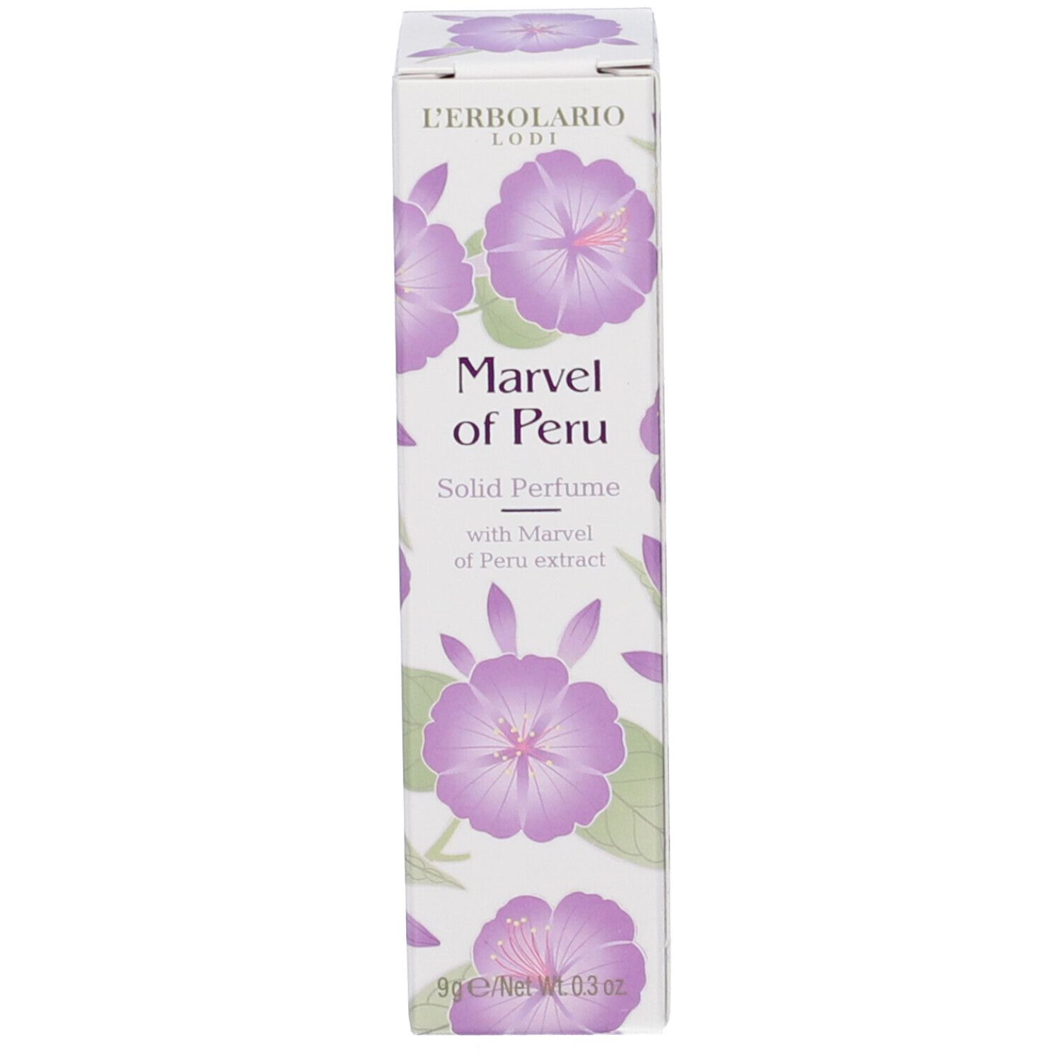 Confezione rettangolare stretta con motivi floreali e nome prodotto Marvel of Peru.