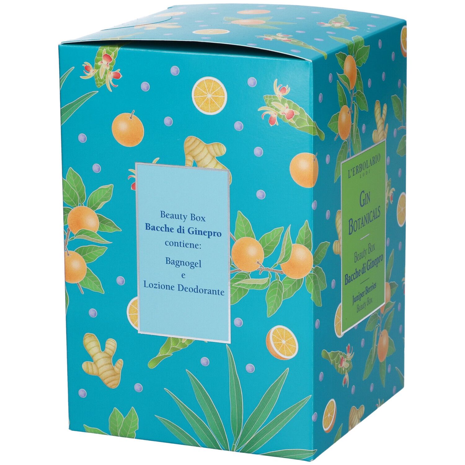 Scatola Beauty Box turchese con motivi arancia e zenzero. Scritta: Beauty Box Bacche di Ginepro, contiene: Bagnogel e Lozione Deodorante.