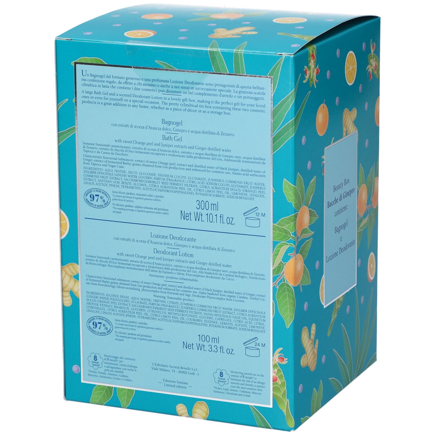 Retro della Beauty Box con informazioni sul prodotto. Contiene: Bagnogel, Lozione Deodorante. Volume: 300 ml e 100 ml.