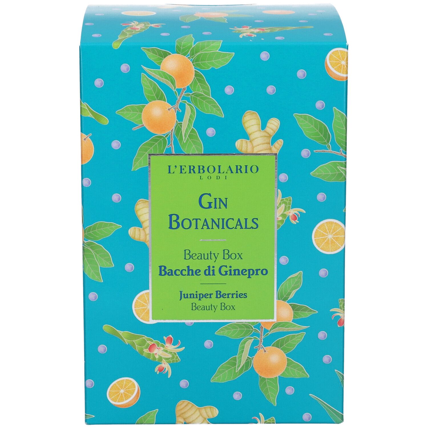 Scatola Beauty Box turchese con motivi arancia e zenzero. Scritta: L'Erbolario, Gin Botanicals, Beauty Box Bacche di Ginepro.