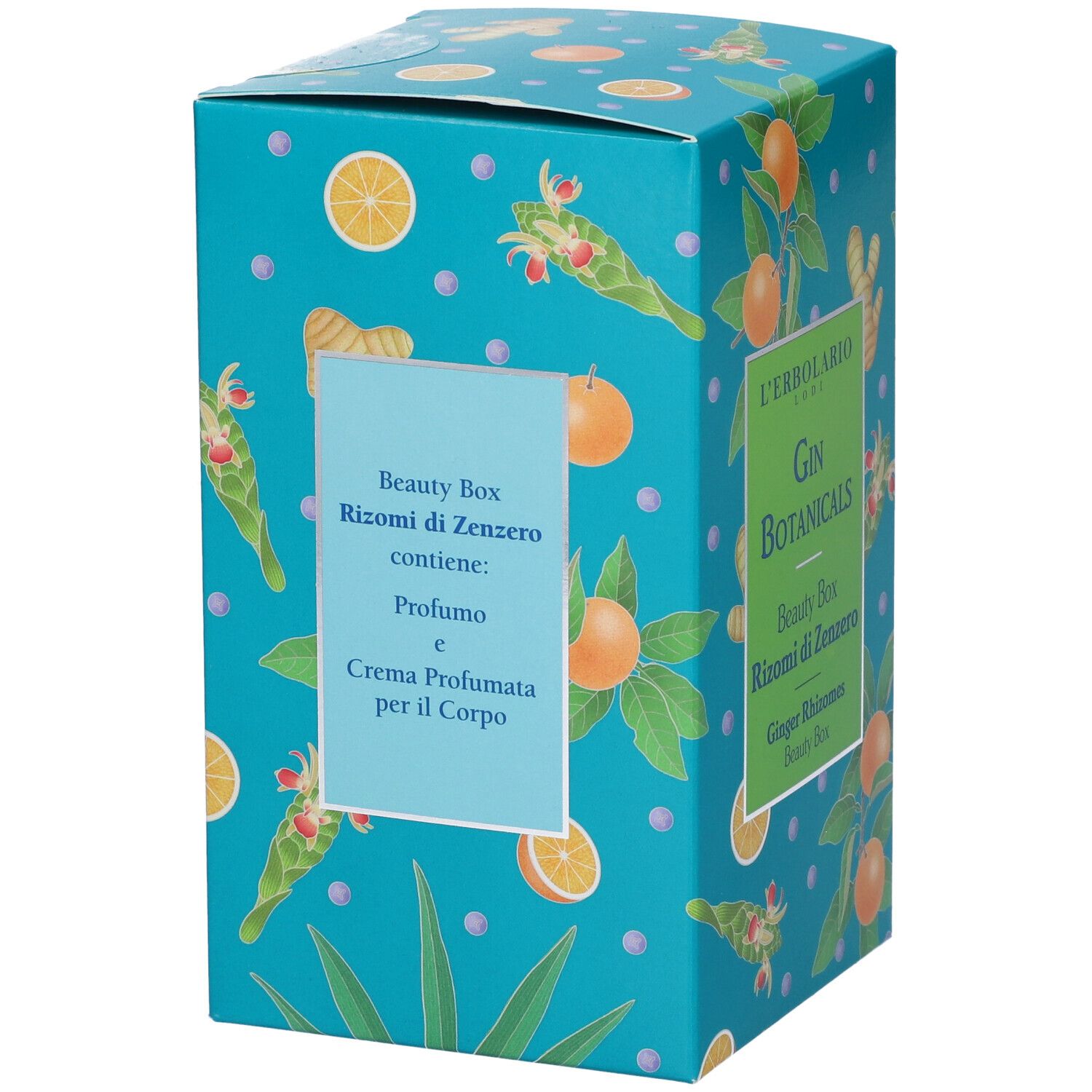 Scatola turchese con motivi botanici. Scritta: Beauty Box Rizomi di Zenzero, contiene Profumo e Crema Profumata per il Corpo.
