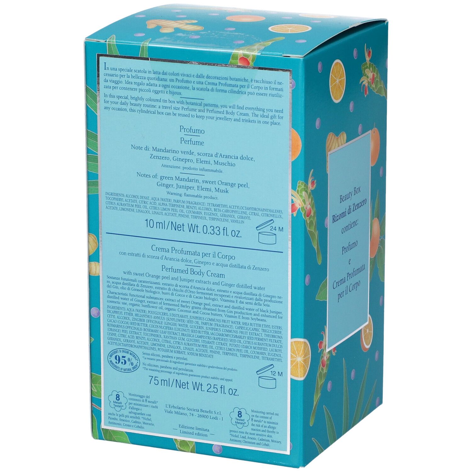 Retro di una scatola turchese con motivi botanici. Testo: ingredienti, 10 ml profumo, 75 ml crema corpo, 95% ingredienti di origine naturale.
