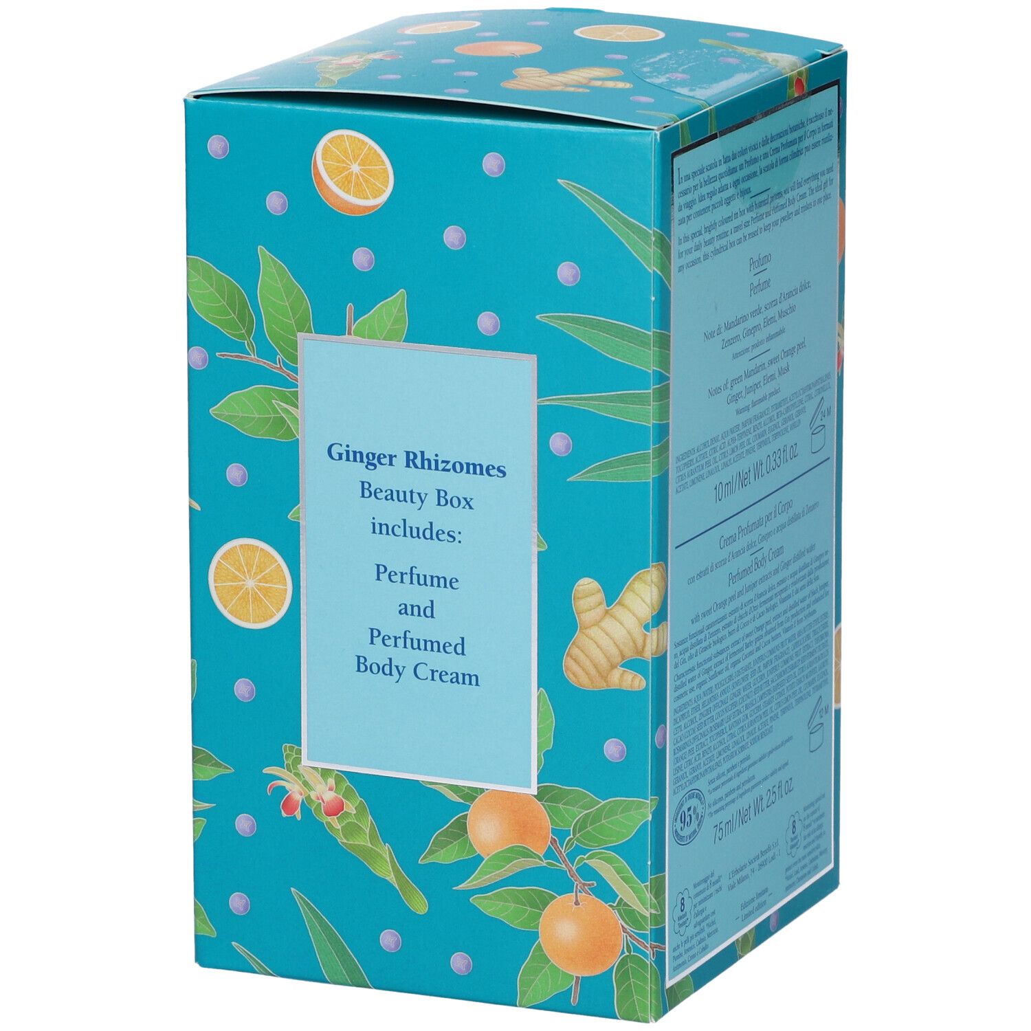 Scatola turchese con motivi botanici. Scritta: Ginger Rhizomes Beauty Box, contiene Profumo e Crema Profumata per il Corpo.