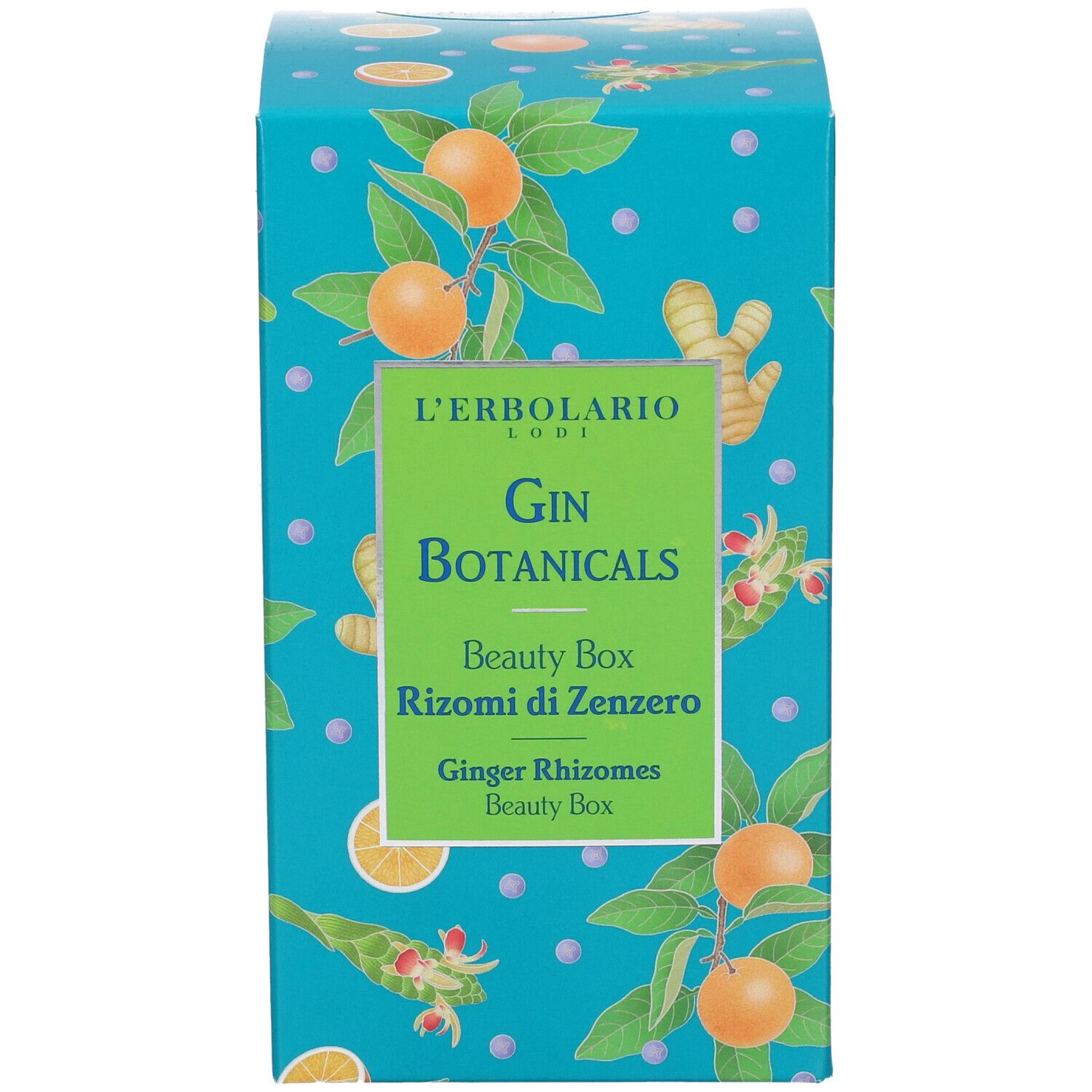Scatola turchese con motivi botanici. Scritta: L'Erbolario, Gin Botanicals, Beauty Box Rizomi di Zenzero.