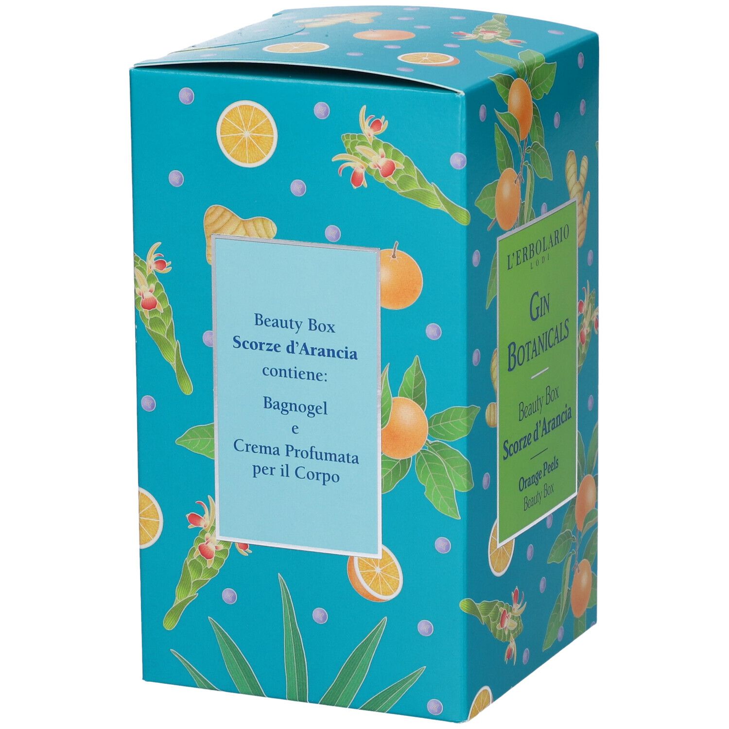 Scatola turchese con motivi di arance e foglie. Scritta: Beauty Box Scorze d'Arancia contiene: Bagnogel e Crema Profumata.