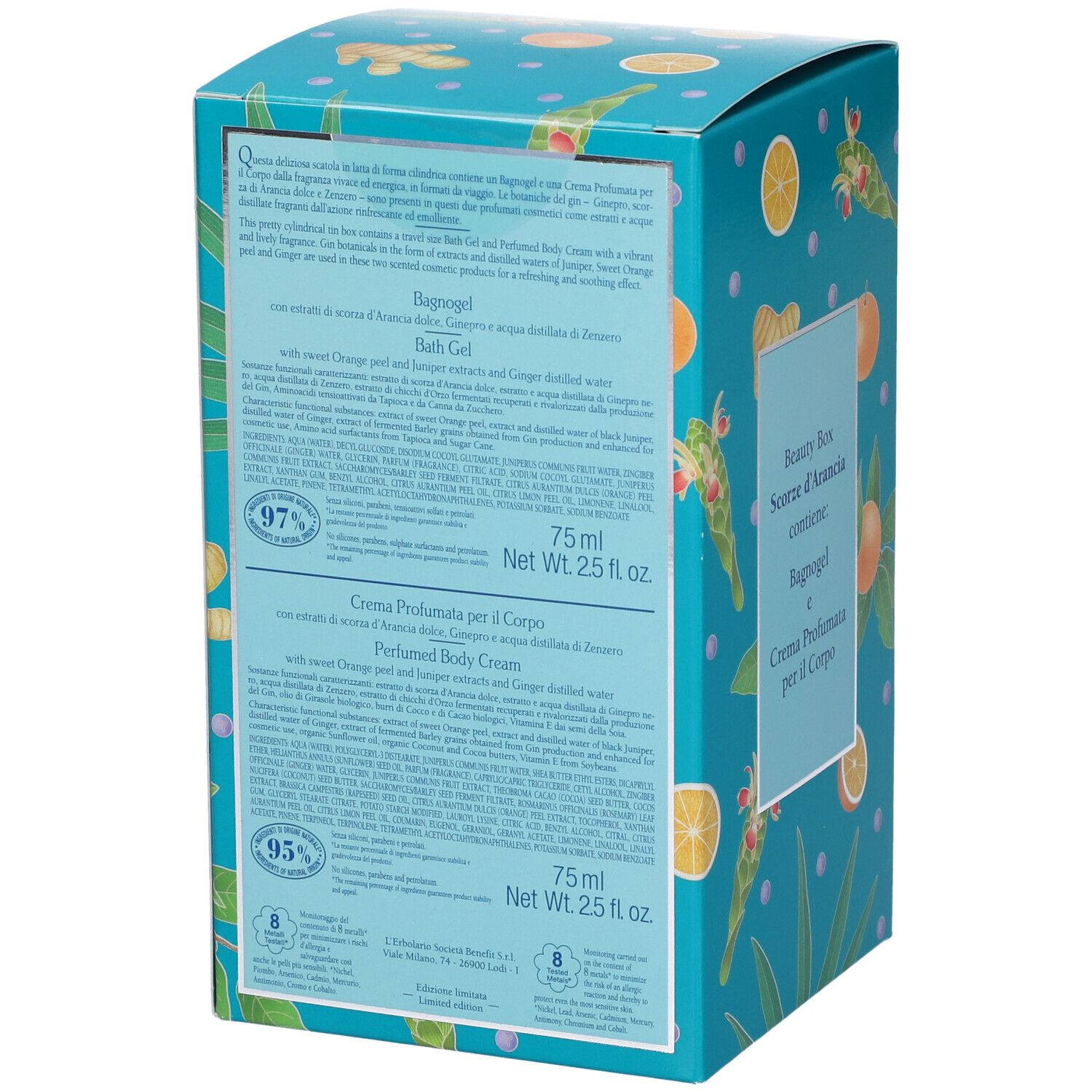 Retro della scatola turchese con testo. Contiene informazioni sugli ingredienti e le certificazioni. 75ml/2.5 fl. oz.