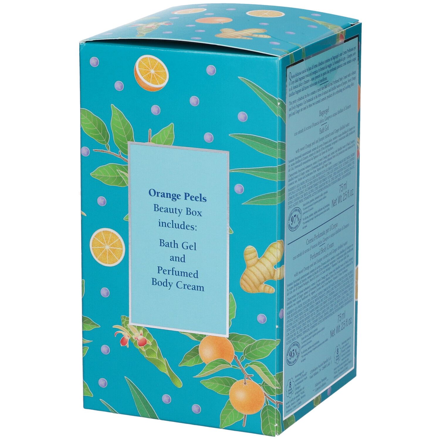 Scatola turchese con motivi di arance e foglie. Scritta: Orange Peels Beauty Box includes: Bath Gel and Perfumed Body Cream.