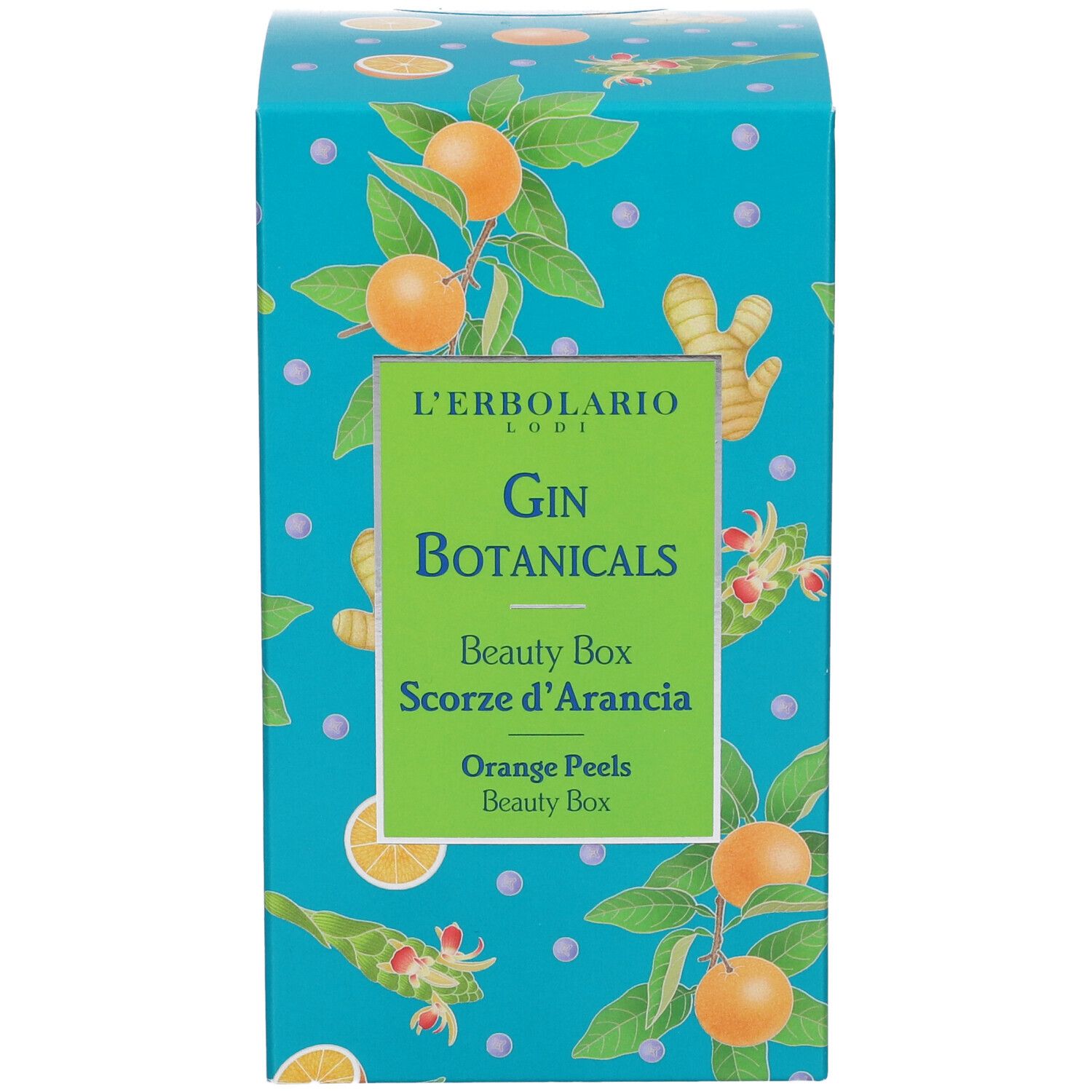 Scatola turchese con motivi di arance e foglie. Scritta: L'Erbolario, Gin Botanicals, Beauty Box Scorze d'Arancia, Orange Peels.