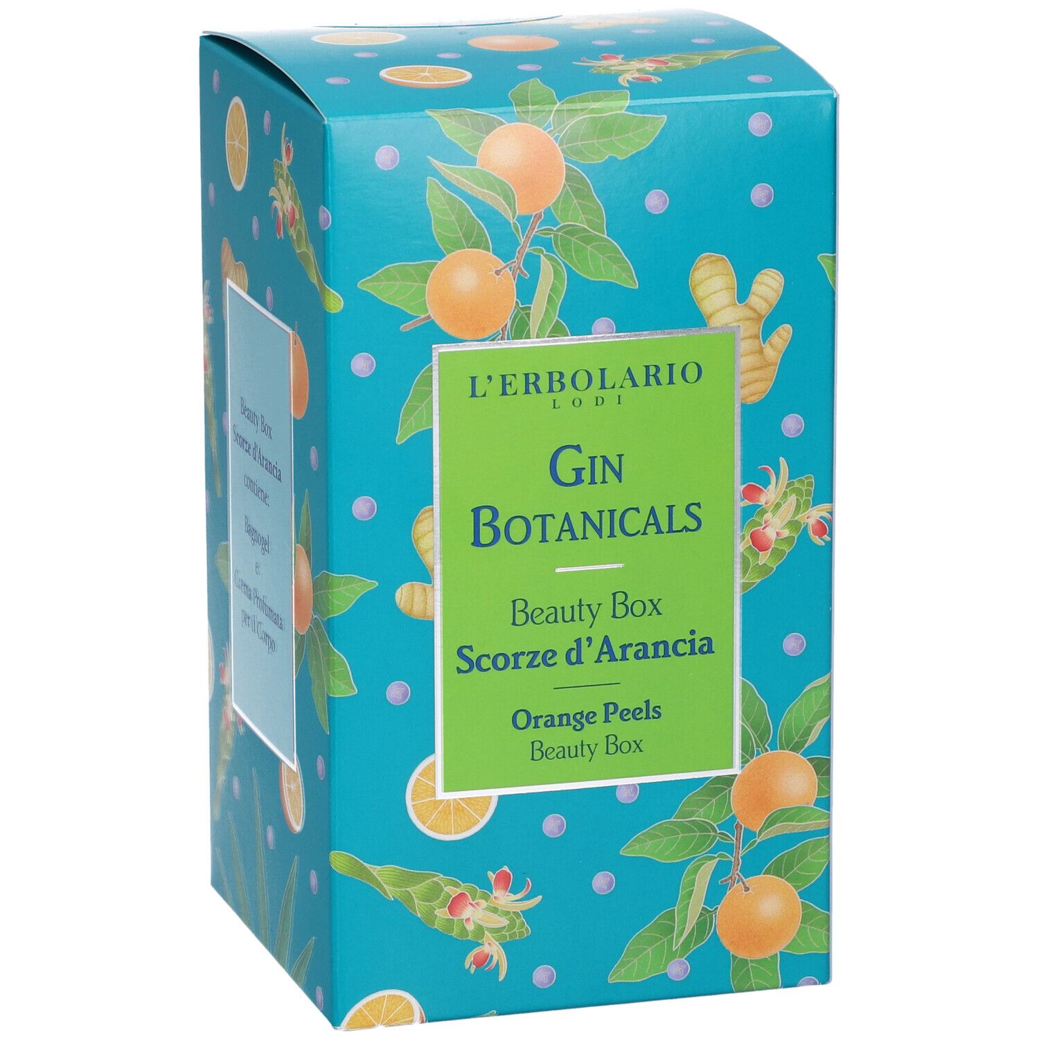 Scatola turchese con motivi di arance e foglie. Scritta: L'Erbolario, Gin Botanicals, Beauty Box Scorze d'Arancia, Orange Peels.